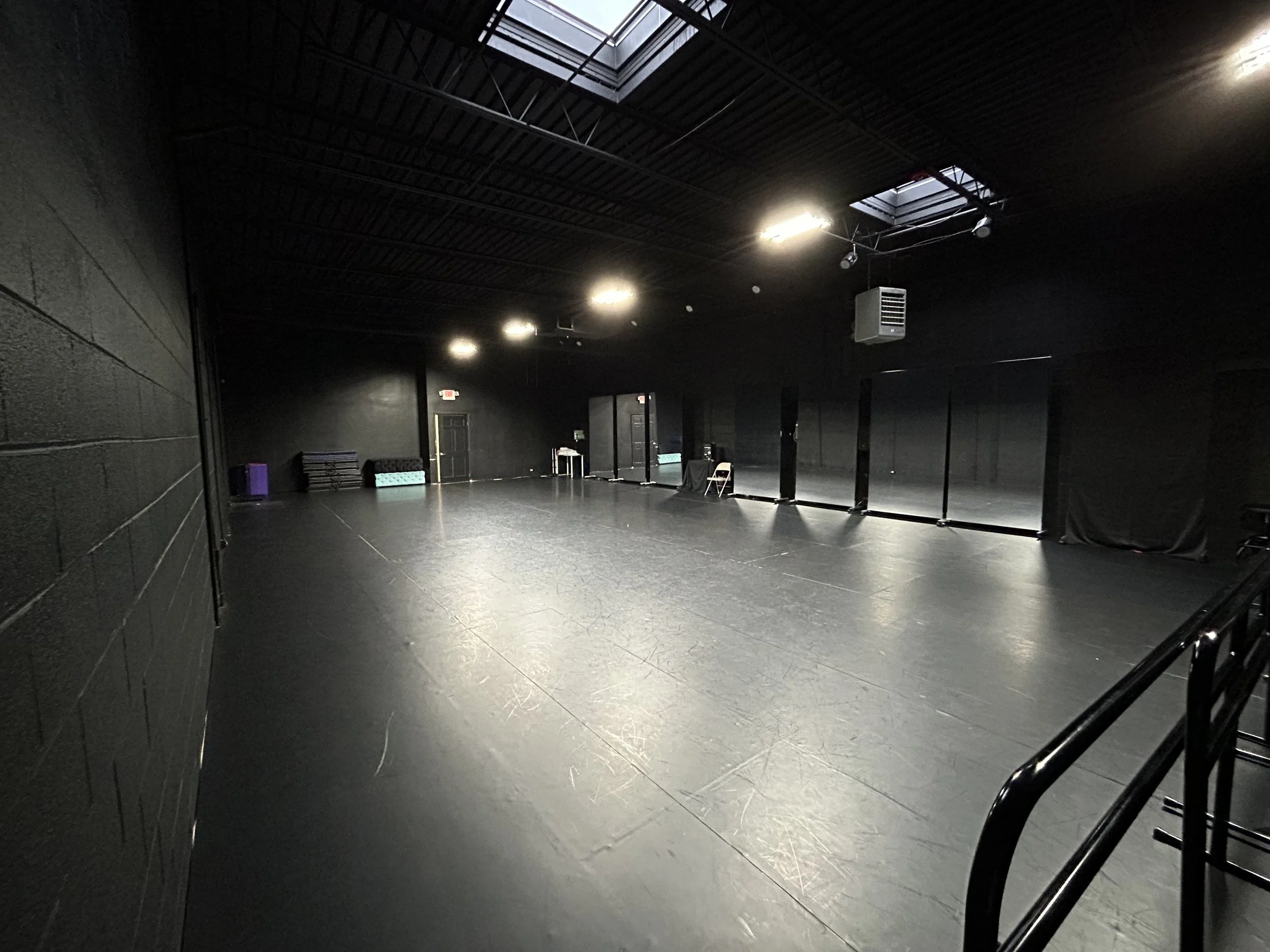 1,944 sq ft (54’x36’) | black marley floors | portable mirrors | portable center barres | stereo system | LED lighting system