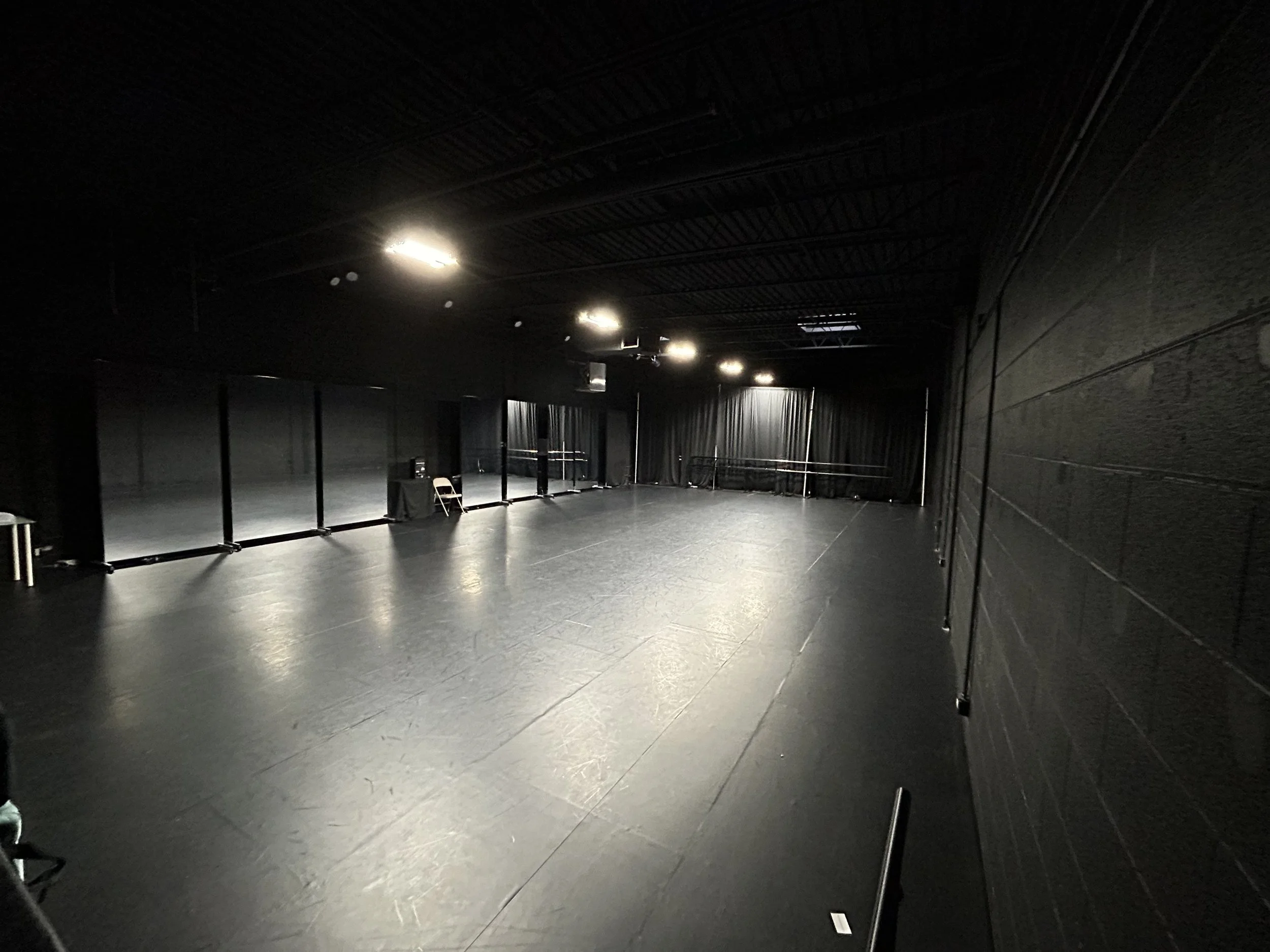 1,944 sq ft (54’x36’) | black marley floors | portable mirrors | portable center barres | stereo system | LED lighting system