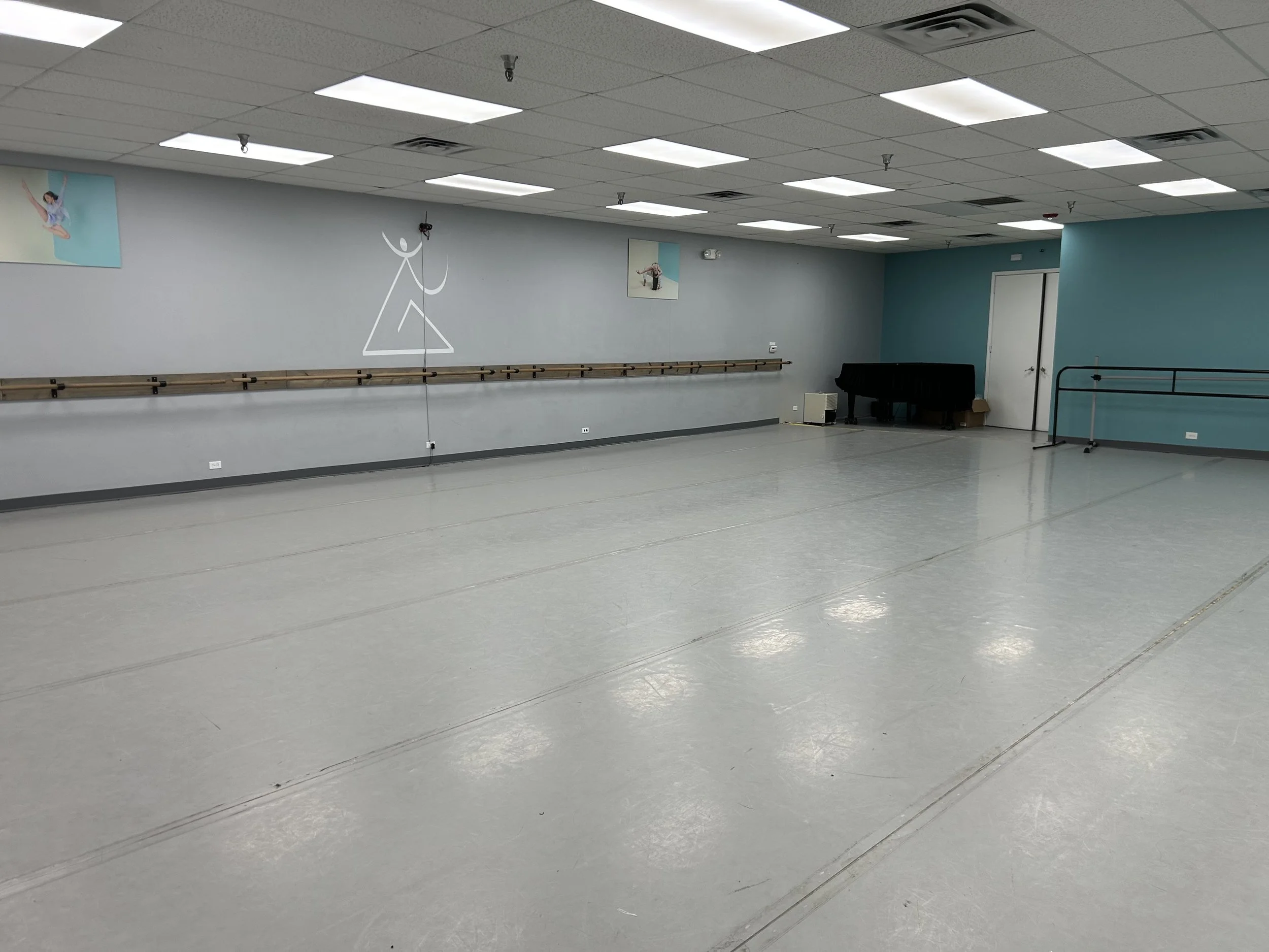 1530 sq ft (45’x34’) | sprung marley floors | full wall of coverable mirrors | wall of ballet barres | portable center barres | stereo system