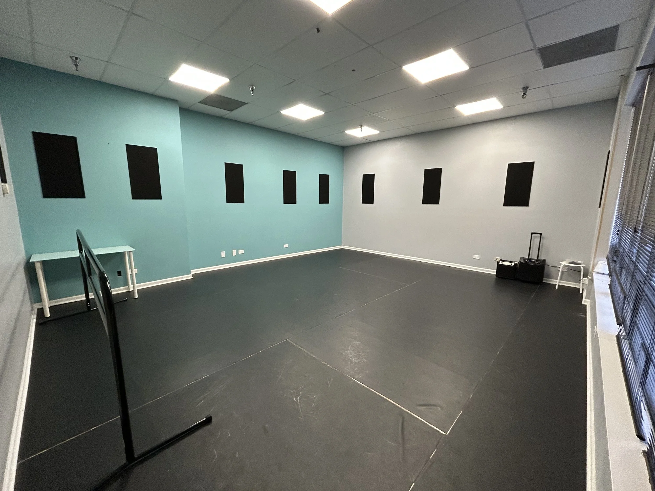 399 sq ft (21’x19’) | black marley floors | portable center barre | one wall of large windows and natural light | stereo system
