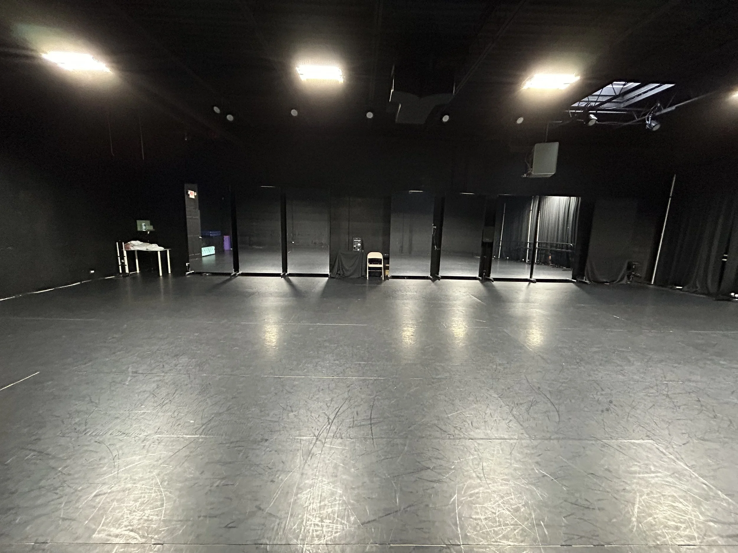 1,944 sq ft (54’x36’) | black marley floors | portable mirrors | portable center barres | stereo system | LED lighting system