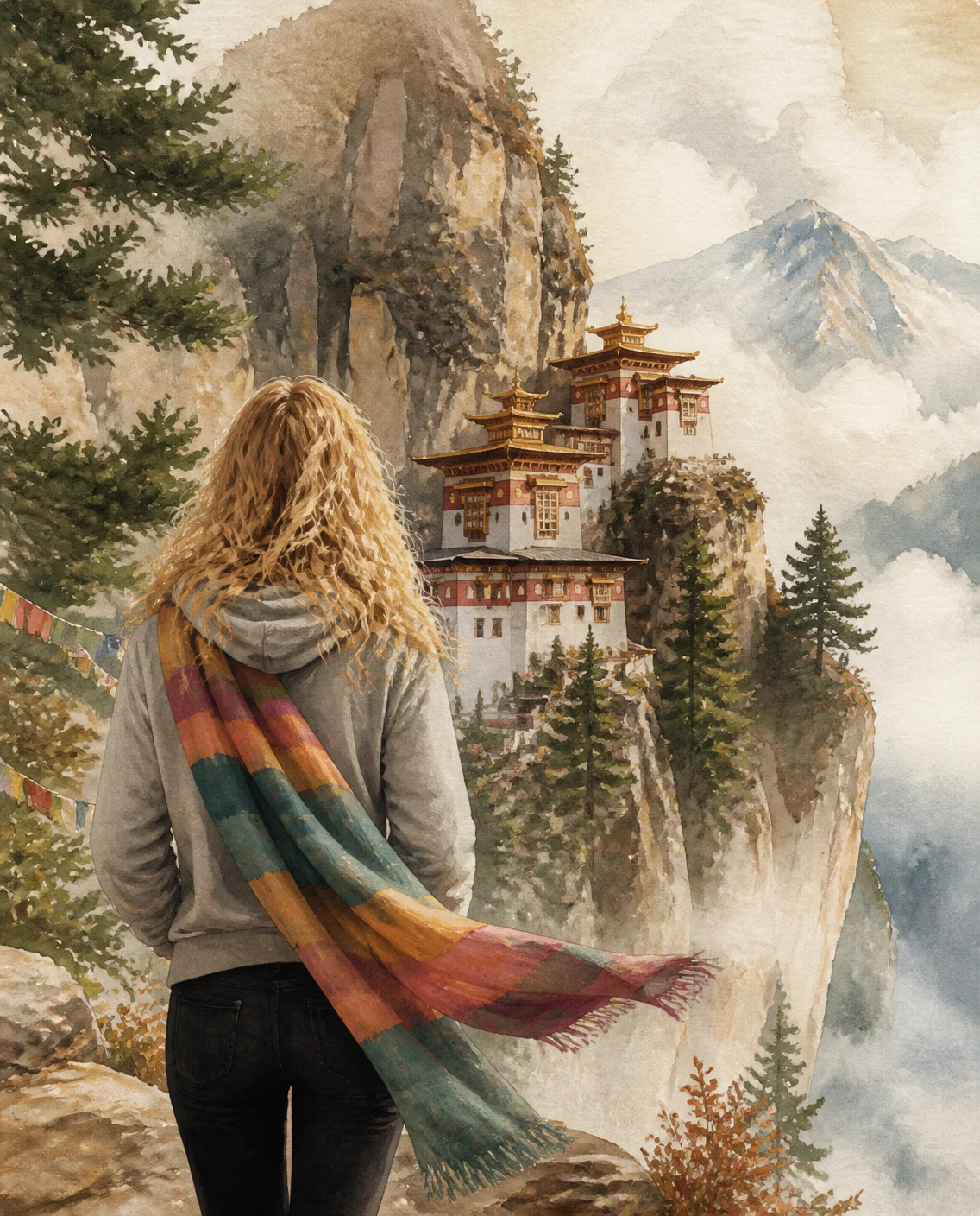 Illustration of a traveler overlooking a cliffside monastery in the Himalayan mist, Bhutan