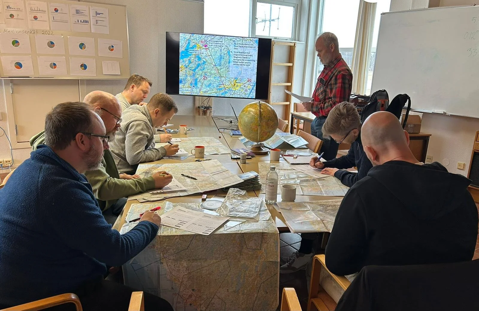 Personer runt ett bord studerar kartor och antecknar, med en glob i mitten. En man står och läser ett papper. En skärm visar en karta och på väggen hänger diagram och kartor. Ett klassrumsliknande utrymme.