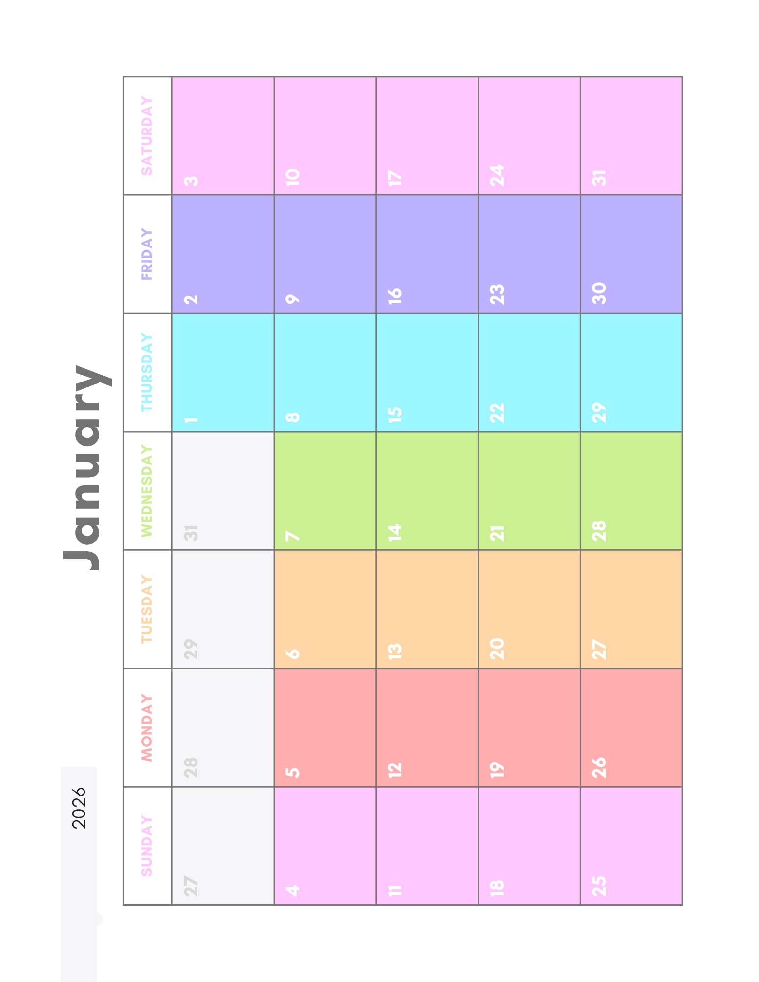 2026 Soft Rainbow Calendar — Free Printable (Landscape Format)