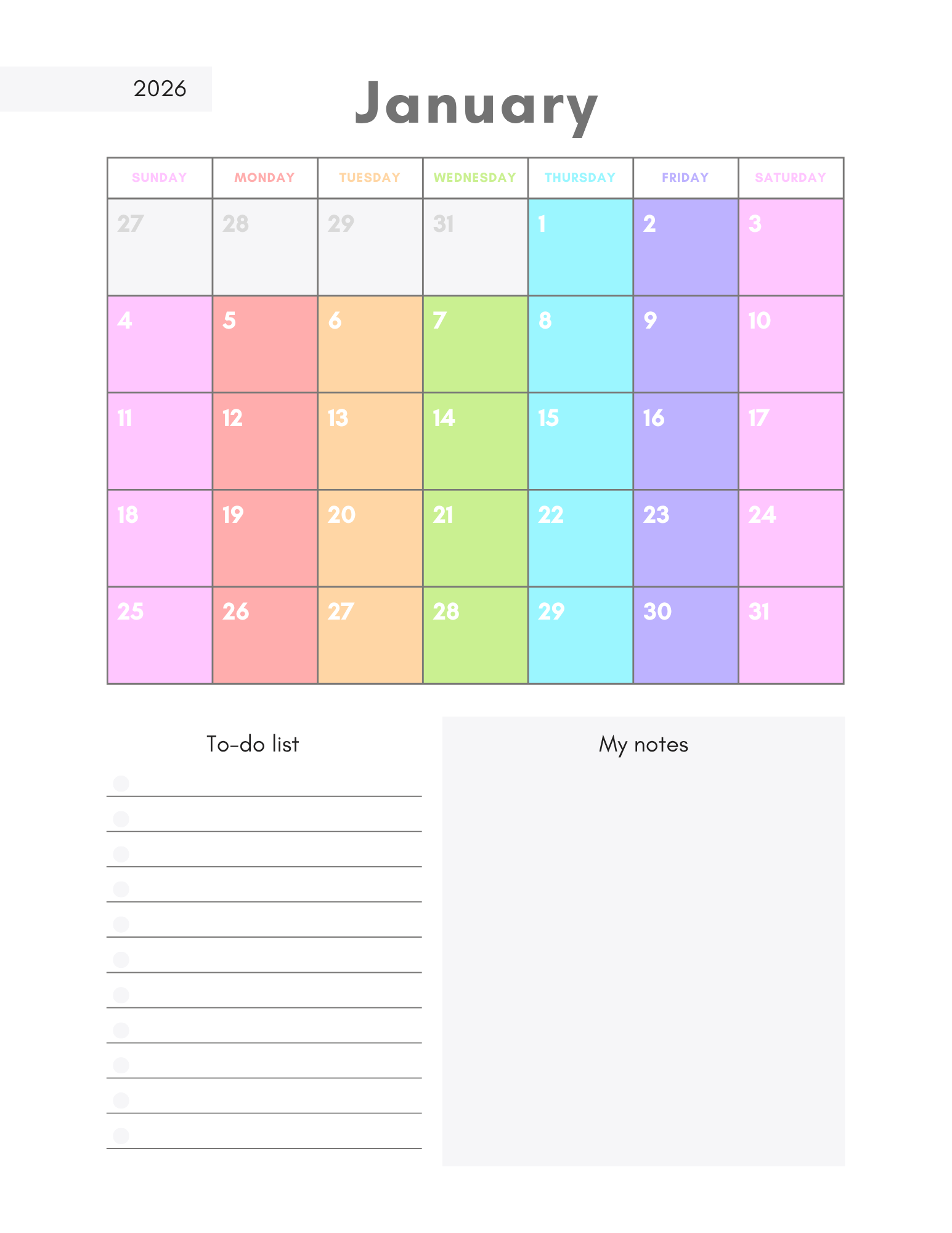 2026 Soft Rainbow Calendar with To-Do & Notes — Free Printable (Portrait Format)