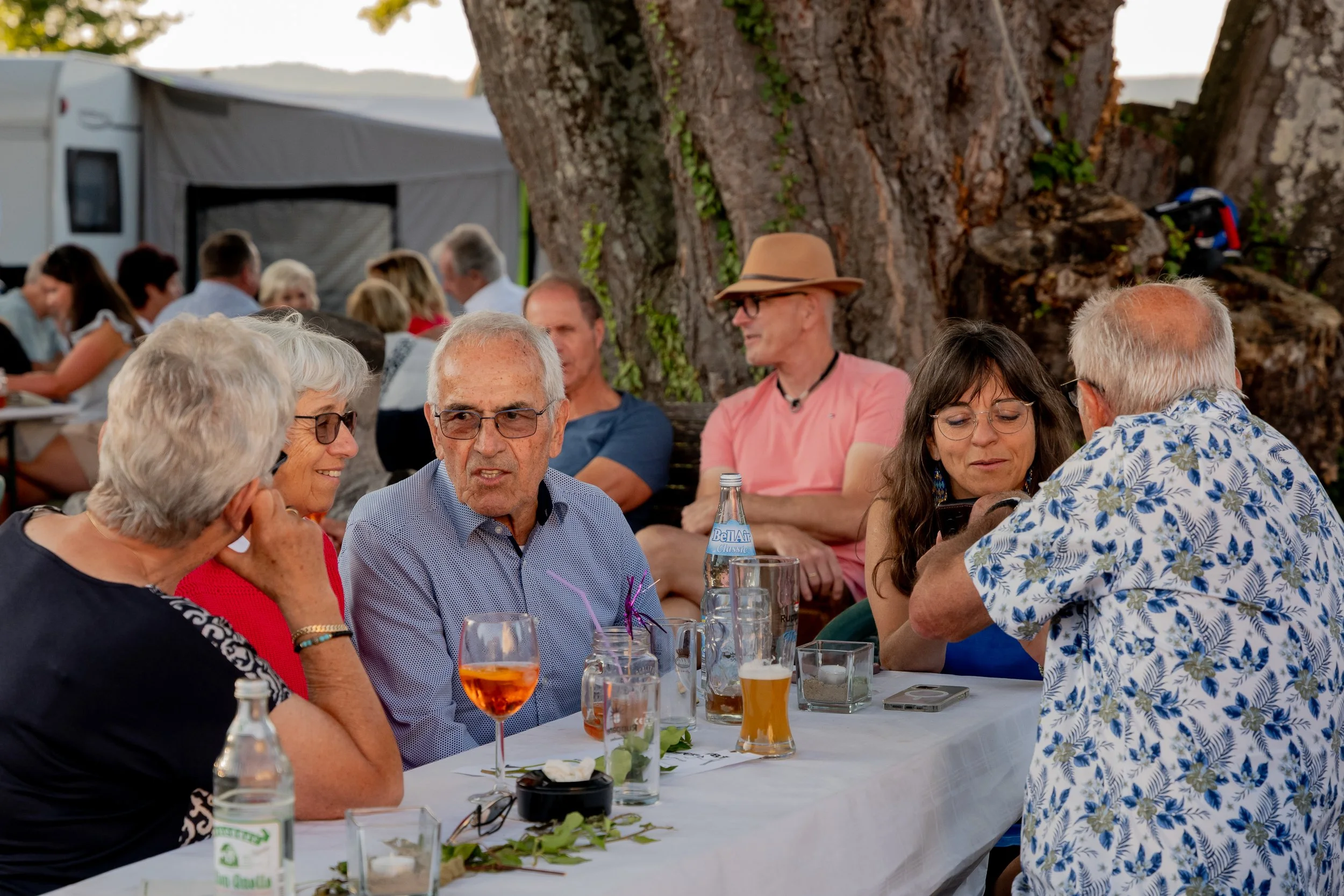 Gruppe älterer Menschen sitzt an einem Tisch im Freien bei einem Treffen, mit Getränken und Snacks, unter einem großen Baum, im Hintergrund weitere Gäste, ein Campingbus.