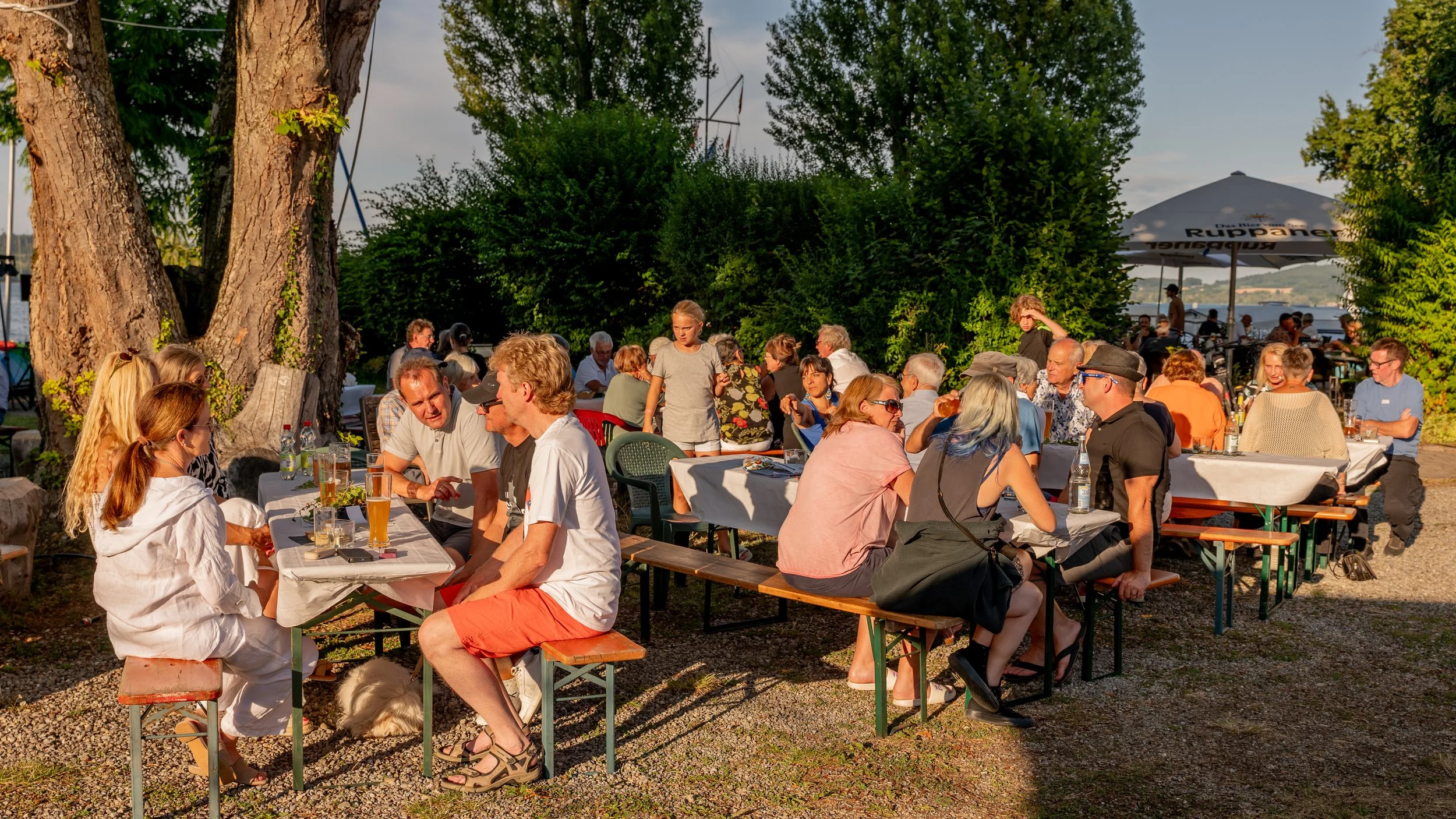 Menschen sitzen bei schönem Wetter draußen an Tischen unter Bäumen, trinken und sprechen bei einem Abendessen im Freien, in einer Strand- oder See-Umgebung.
