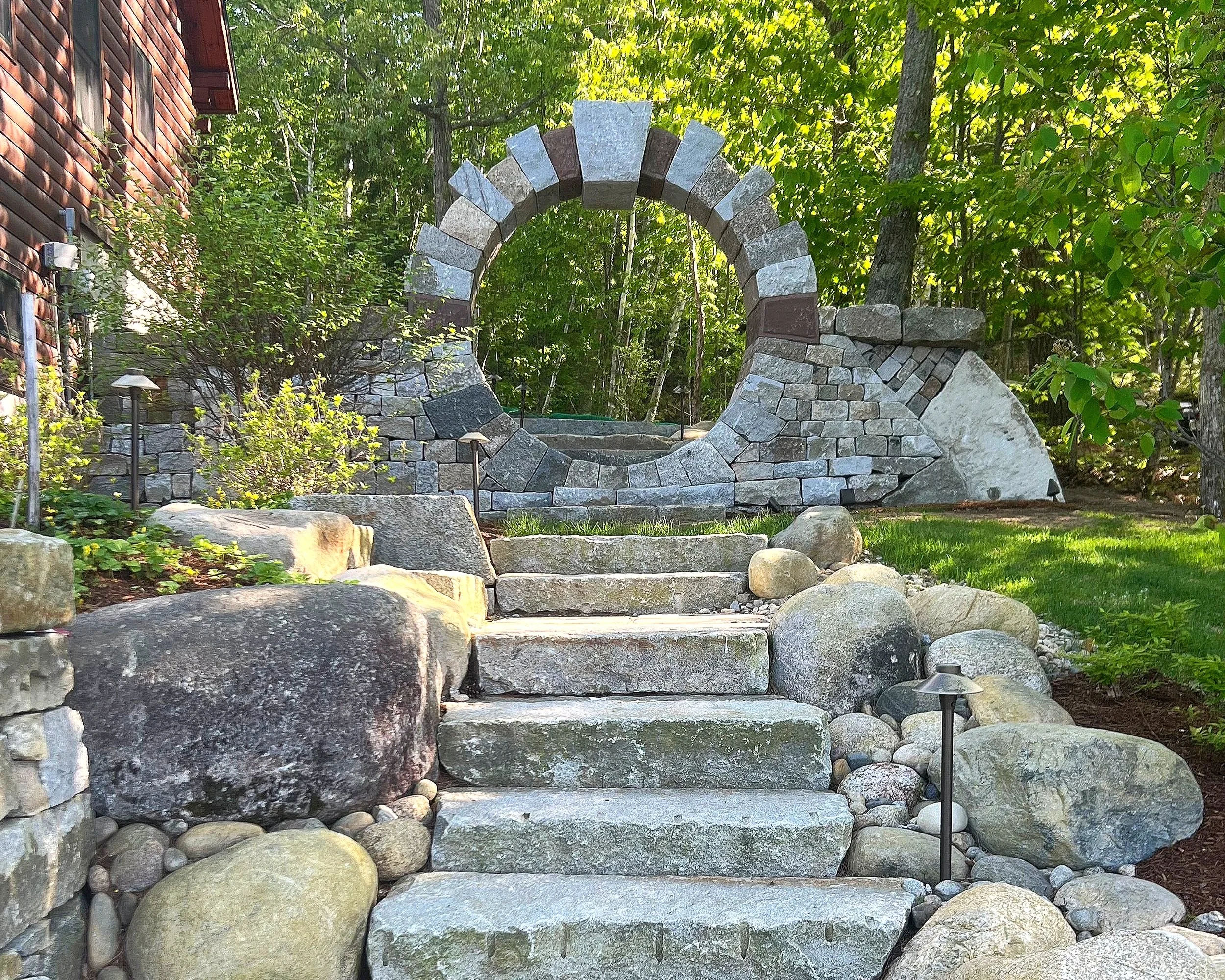 Dry granite moongate with Green Monster Landscapes. Wakefield, NH