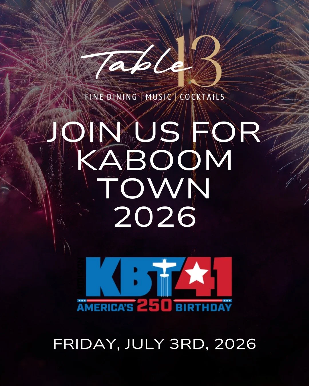 Celebrate Kaboom Town 2026 with an unforgettable evening of great food, front-row views, and one of North Texas&rsquo; most spectacular summer traditions. ✨

Join us for a special three-course dinner experience before the skies light up with the annu