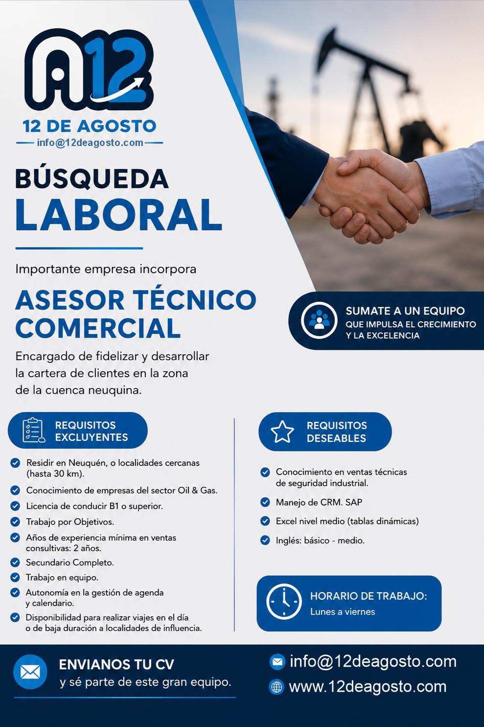 Anuncio de búsqueda laboral para asesor técnico comercial en una empresa, con oferta de trabajo en la zona de la cuenca neuquina, que busca incorporar a un profesional con conocimientos en ventas técnicas, manejo de CRM SAP y Excel, y disponibilidad 