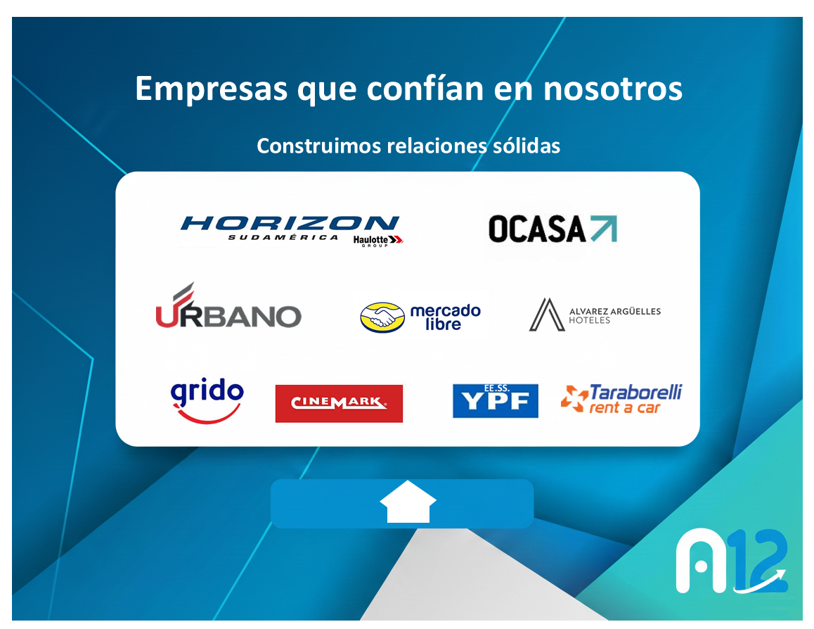Imagen que muestra los logotipos de varias empresas, con el texto 'Empresas que confían en nosotros' y 'Construimos relaciones sólidas', en un fondo azul con un diseño geométrico.