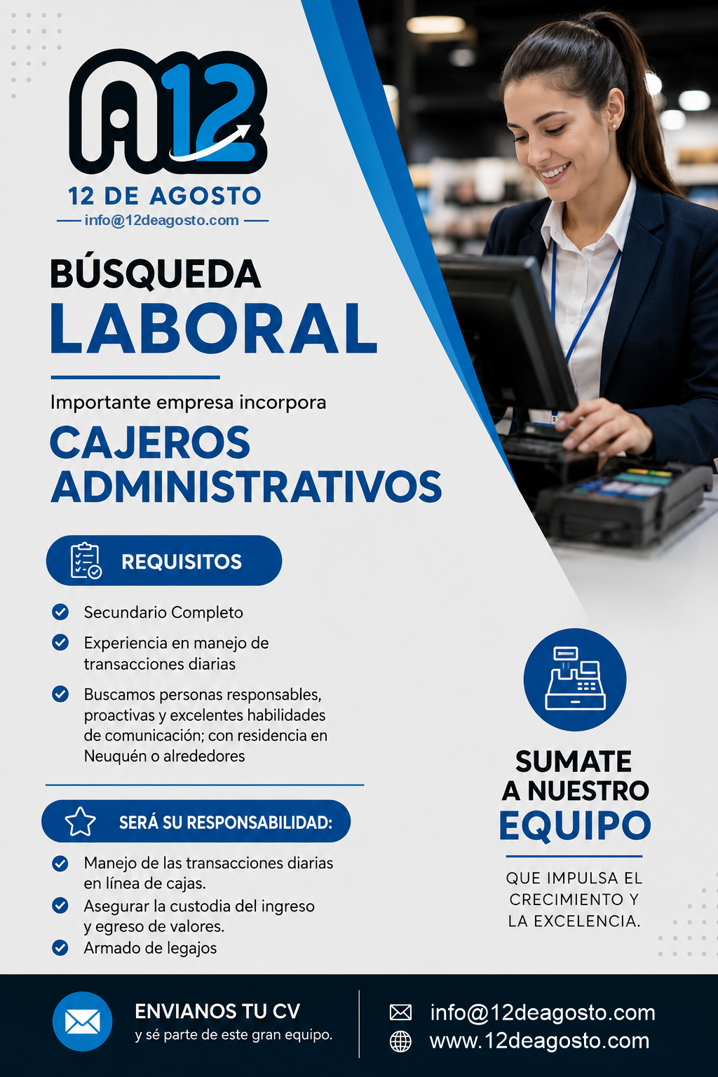 Una mujer sonriendo, vestida con ropa formal, en un entorno de caja registradora, probablemente en un comercio, con un cartel promocional para búsqueda laboral de cajeros administrativos en un día 12 de agosto.