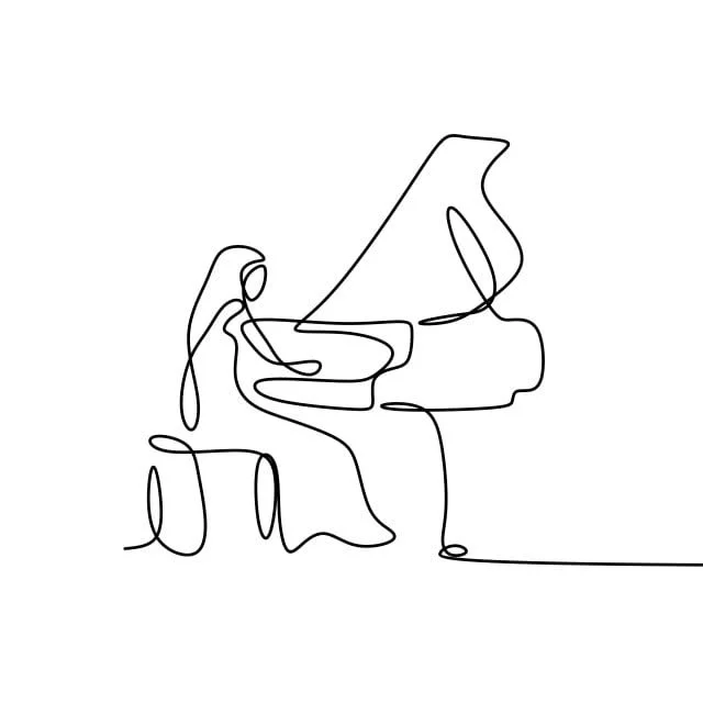 Continuous line drawing of person playing a grand piano.