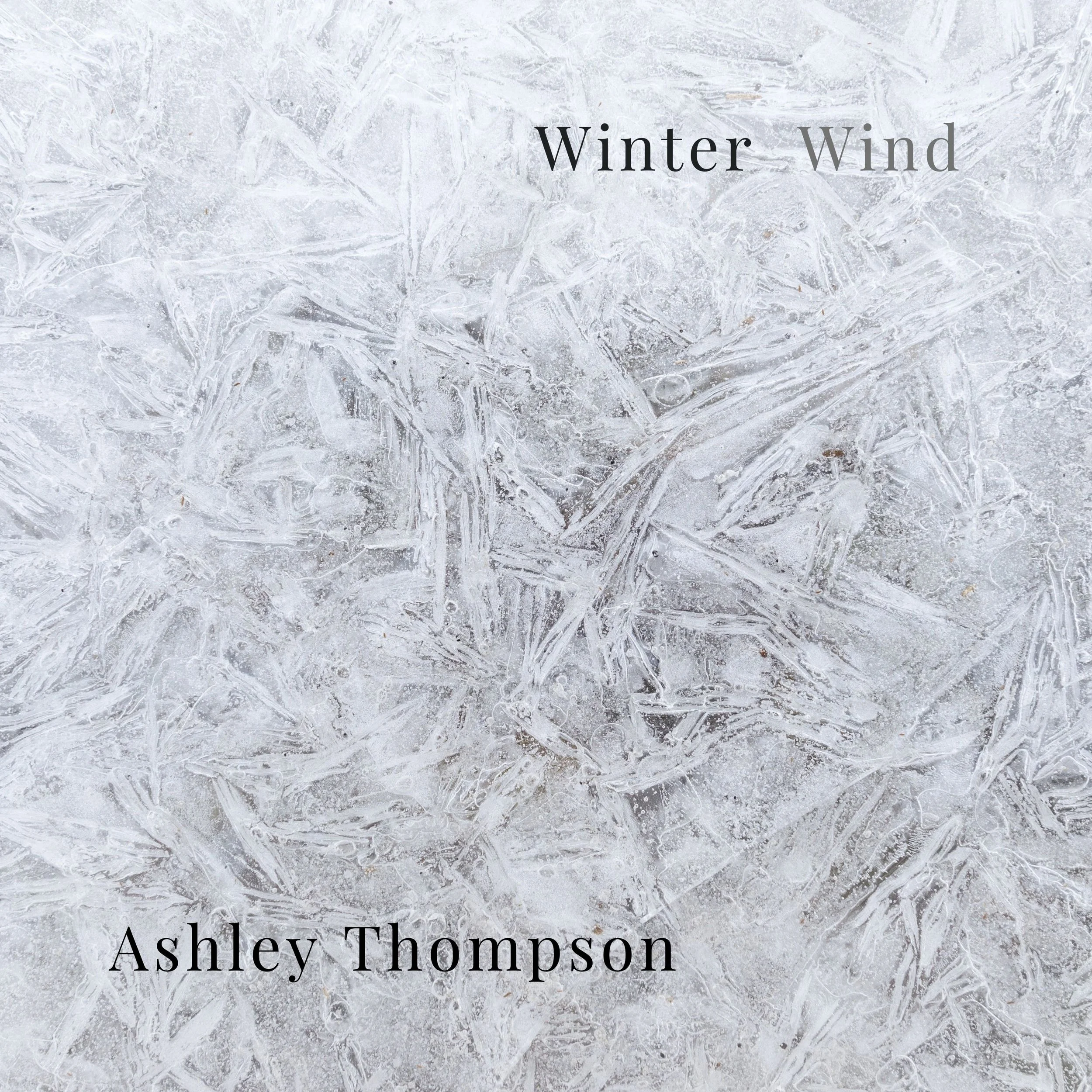 Abstract icy texture background with the text "Winter Wind" and "Ashley Thompson."