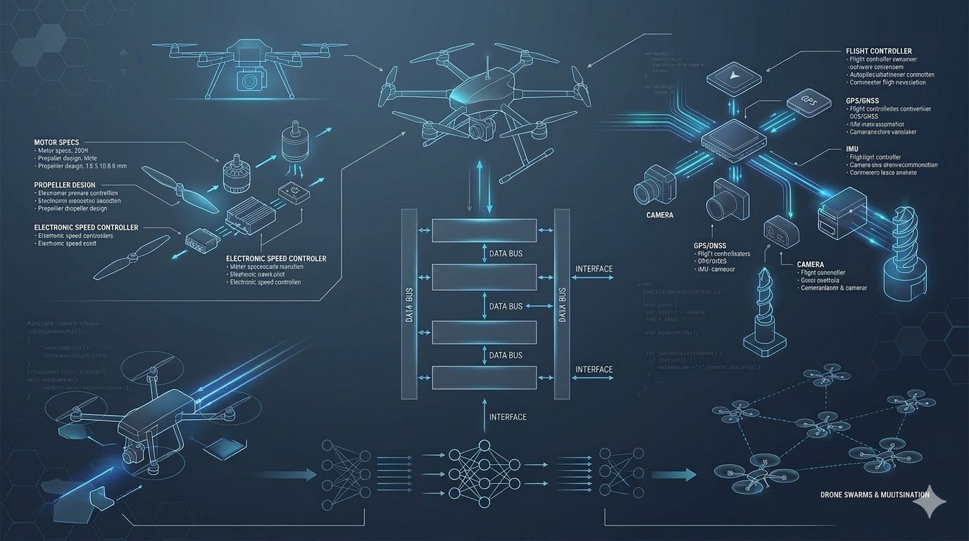Diagram som viser strukturen og komponentene i en drone, inkludert motorer, propeller, kontrollere, kameraer, GPS, IMU og datasystemer, med norsk forklaring.