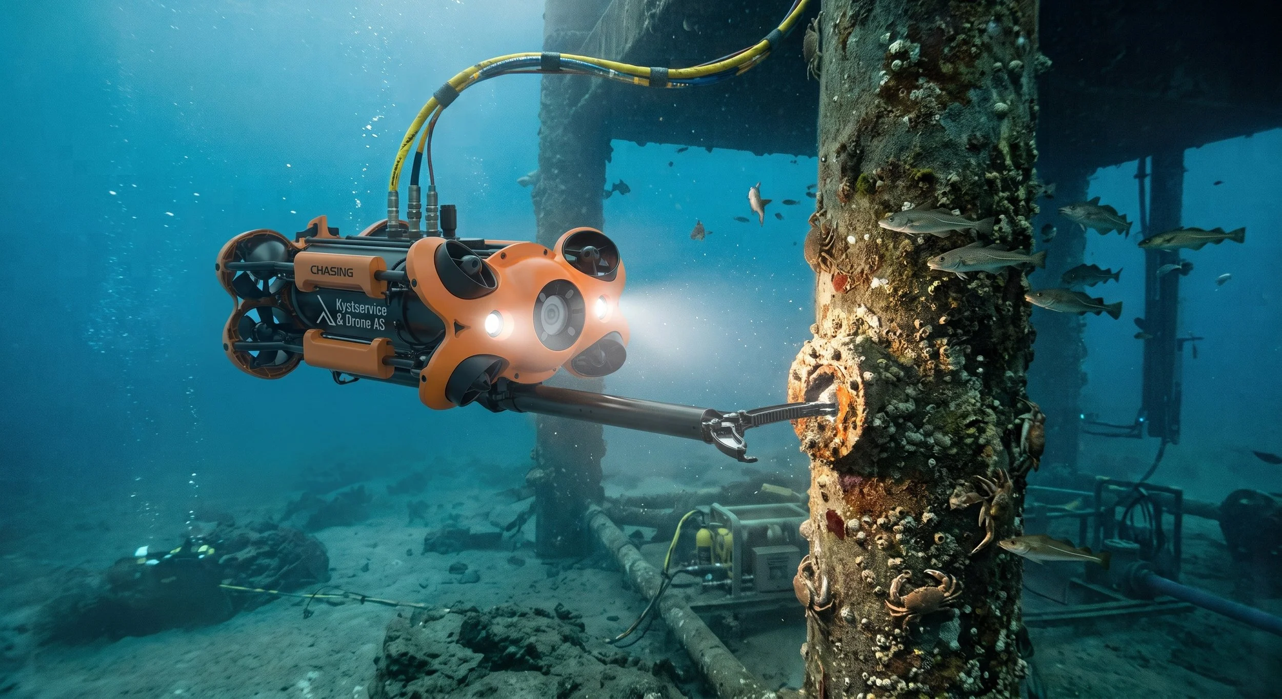 Undervannsrobot som undersøker en rusten metallkonstruksjon under vann blant marine liv og sjøbunn.