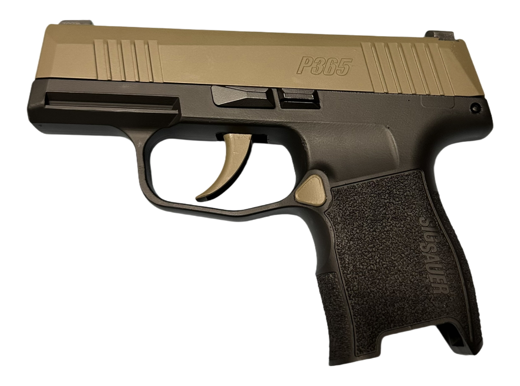 A two-tone semi-automatic pistol with a black grip and tan slide, marked P365, with a textured handle and trigger guard.