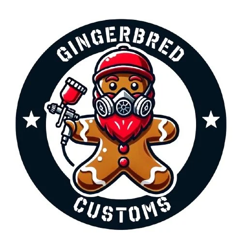 Illustration of a gingerbread person wearing a red cap, a face mask with a filter, holding a spray bottle, with the text "Gingerbread Customs" around the circle.