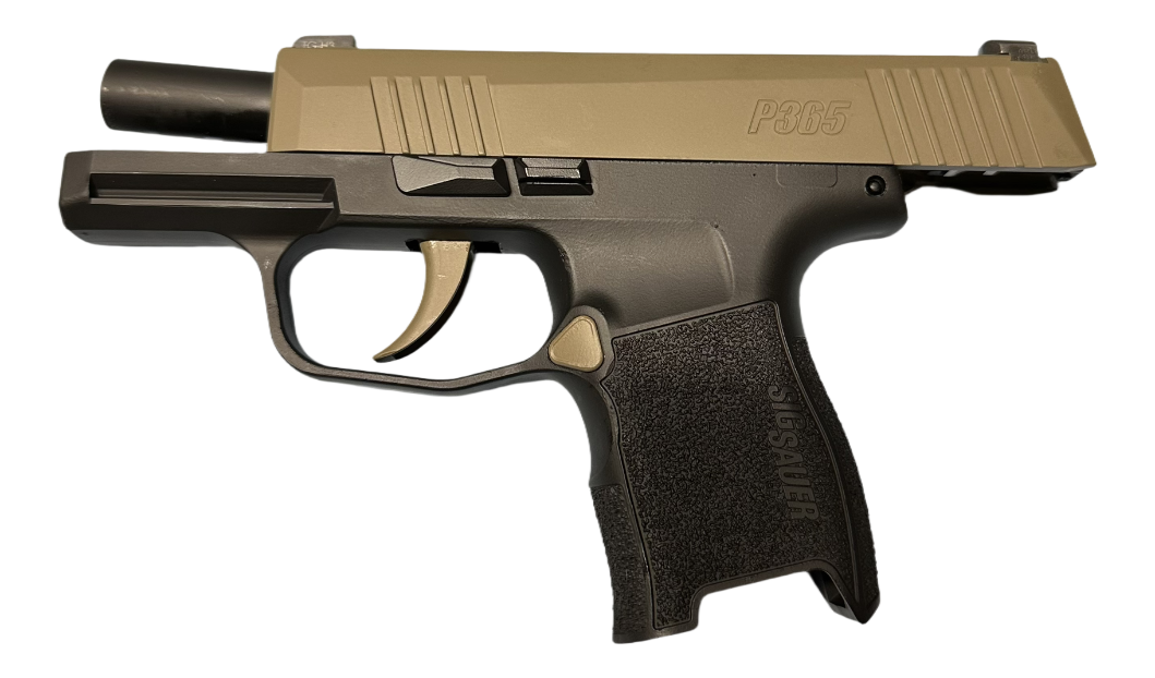 A semi-automatic pistol with a tan slide and black frame, featuring a textured grip and the marking 'P365' on the slide.