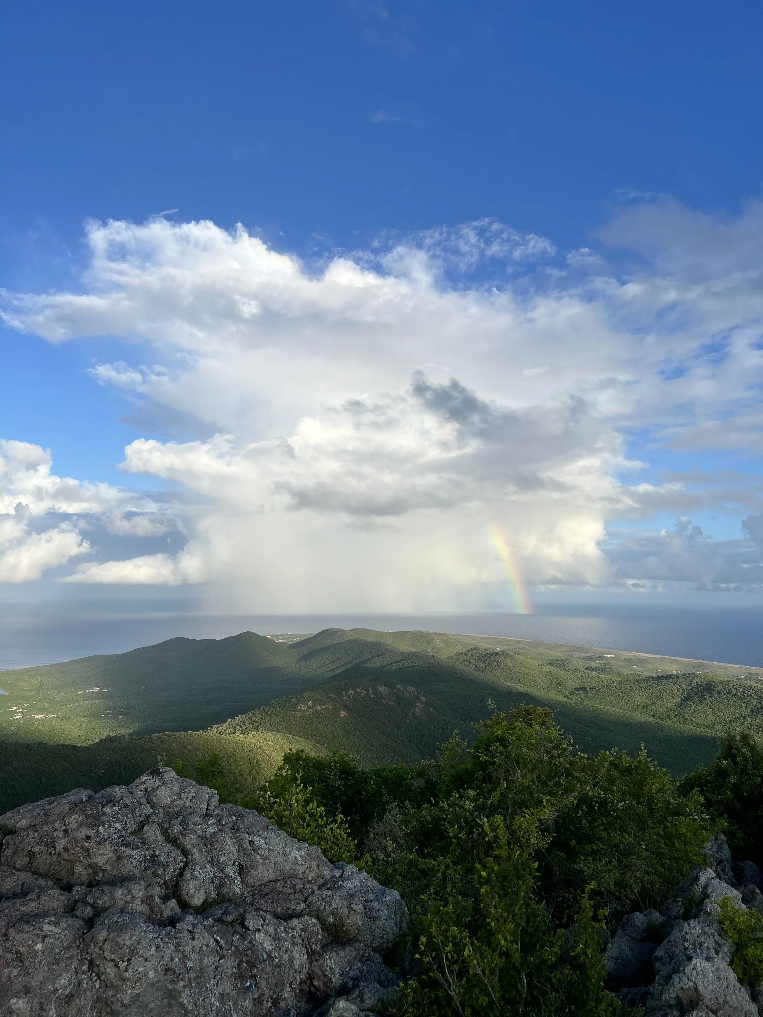 Uitzicht op een landschap met groene heuvels, een regenboog, de oceaan in de verte en een partly cloudy blauwe hemel.