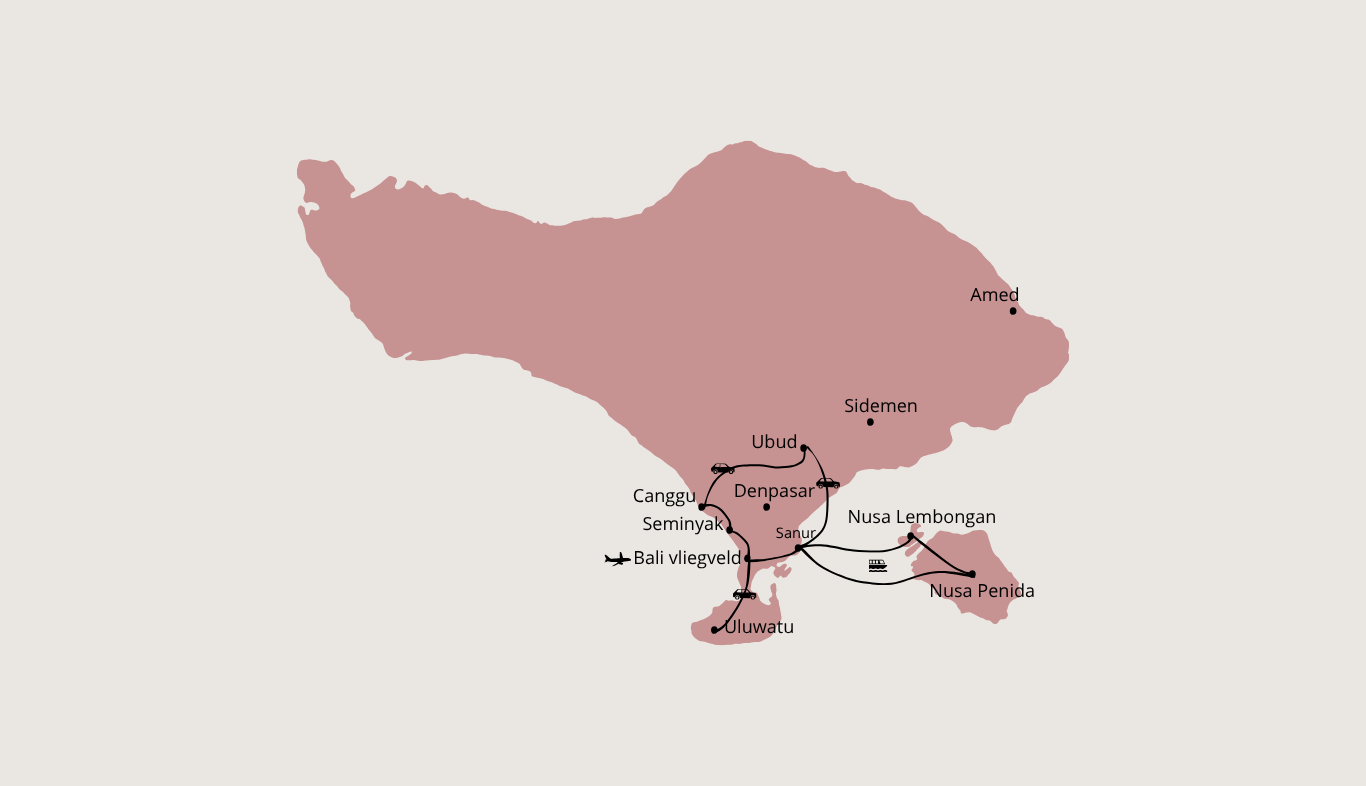 Kaart van Bali met reisroute inclusief plaatsen als Ubud, Sanur, Nusa Lembongan, Nusa Penida, Uluwatu, Canggu, Seminyak, Denpasar en het Bali-vliegveld, met symbolen van een vliegtuig, auto en boot.