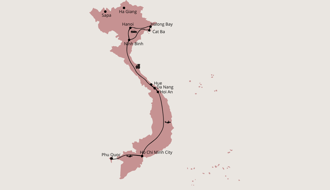 Kaart van Vietnam met een reisroute die Hanoi, Halong Bay, Cat Ba, Ninh Binh, Hue, Da Nang, Hoi An, Ho Chi Minh City, Phu Quoc, en verder omvat, met icons voor vervoer zoals een bus, auto, trein en vliegtuig.