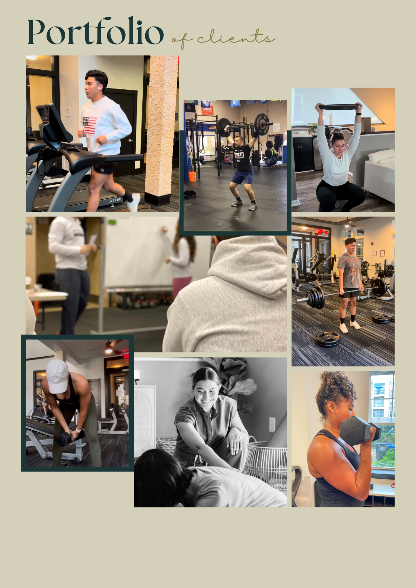 Collage of various individuals exercising at a gym and a woman receiving a massage.