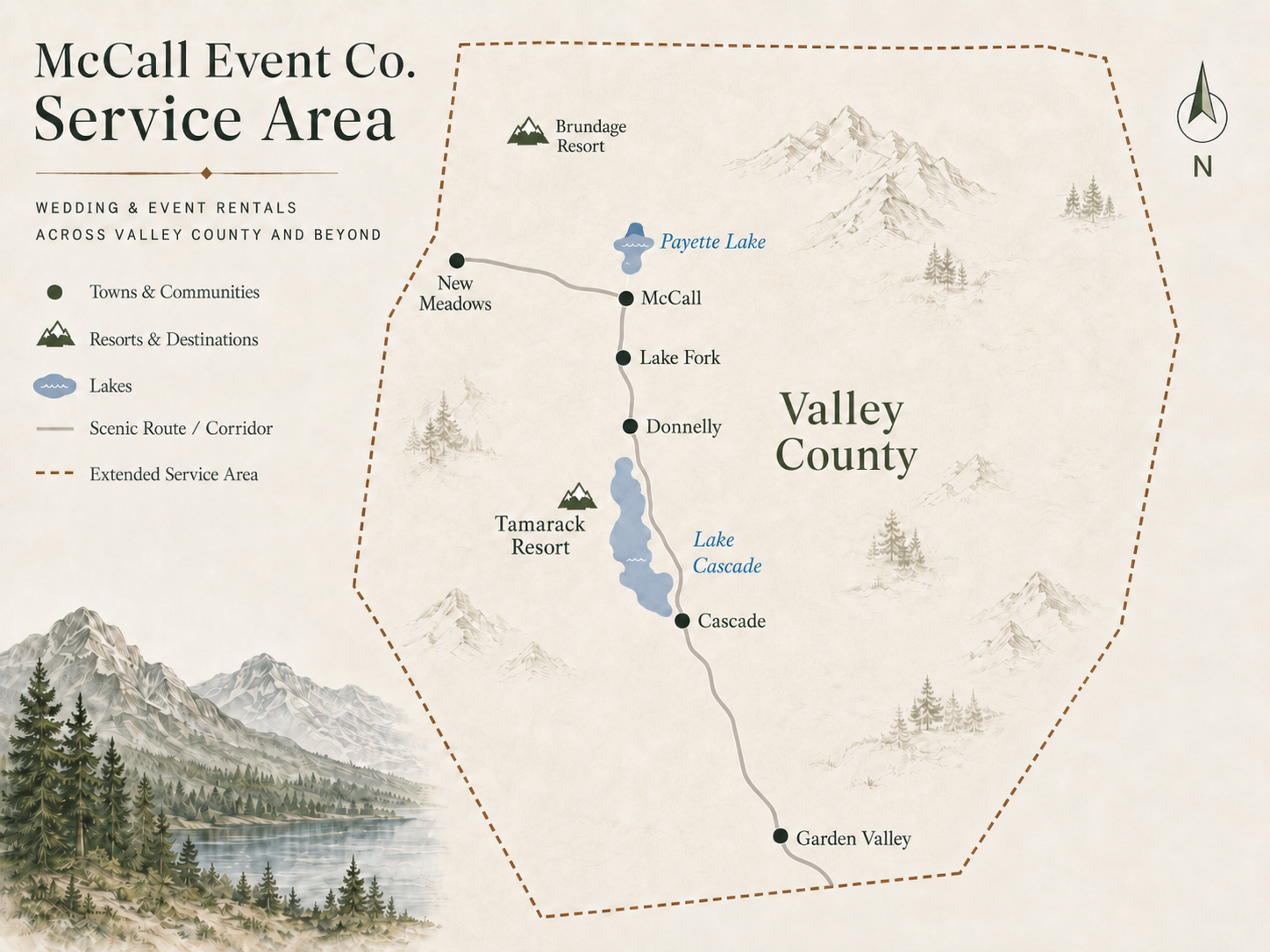 Map of Valley County showing scenic route from Garden Valley to New Meadows with lakes, resorts, and mountain symbols, and key locations labeled.