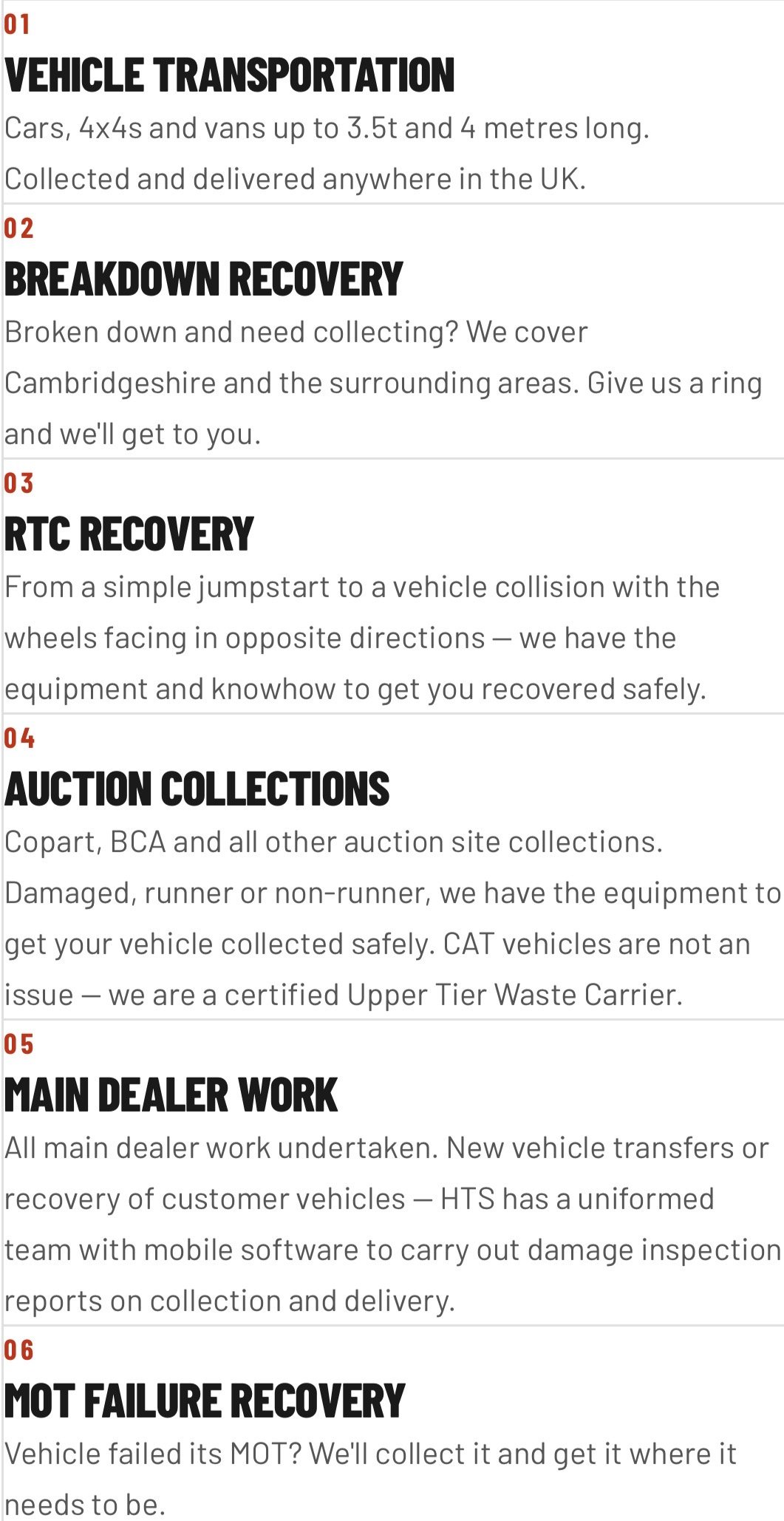 Text-based information about vehicle services, including vehicle transportation, breakdown recovery, RTC recovery, auction collections, main dealer work, and not failure recovery, with numbered headers and descriptions.