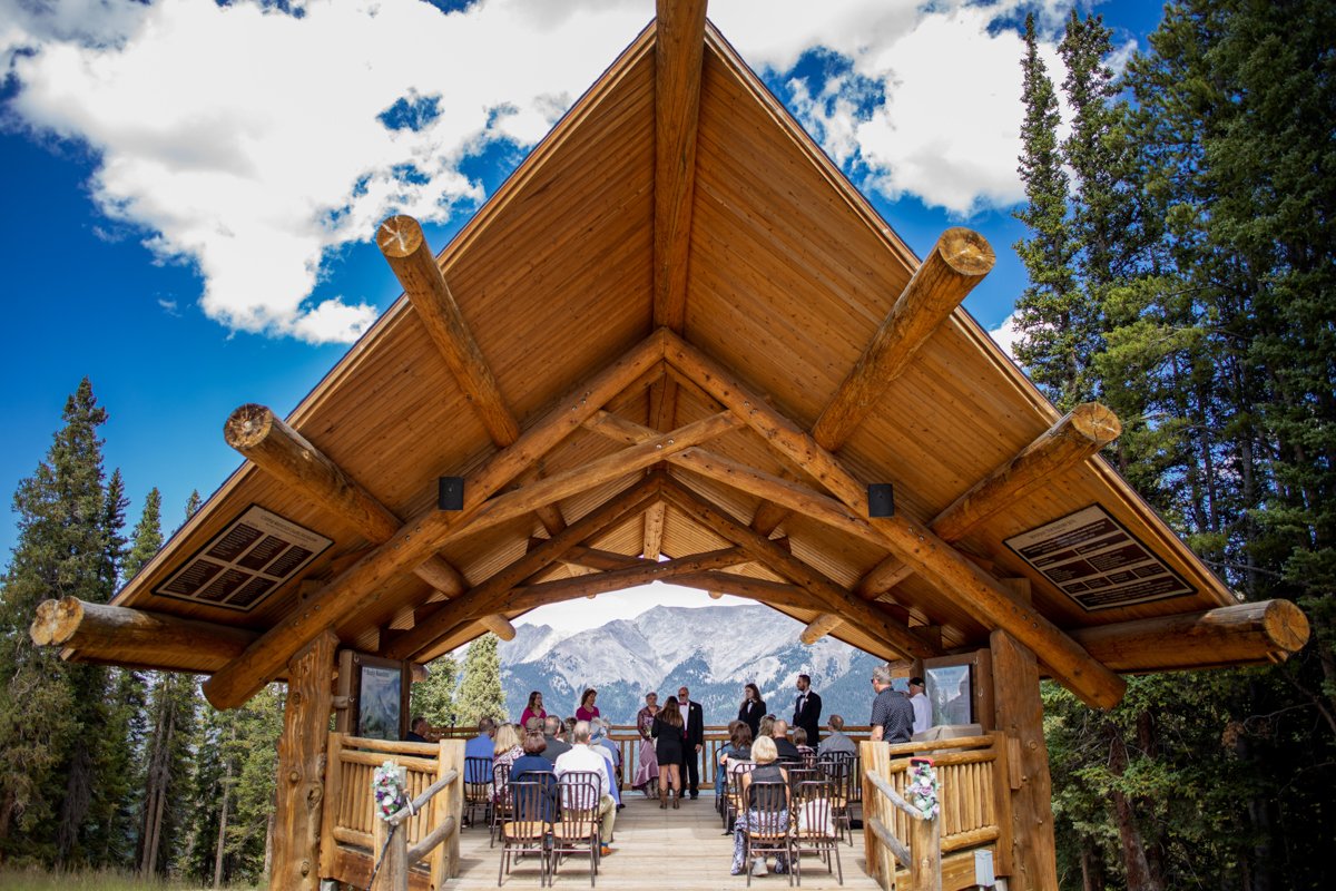 Ceremony atop a mountain in a giant gazebo.