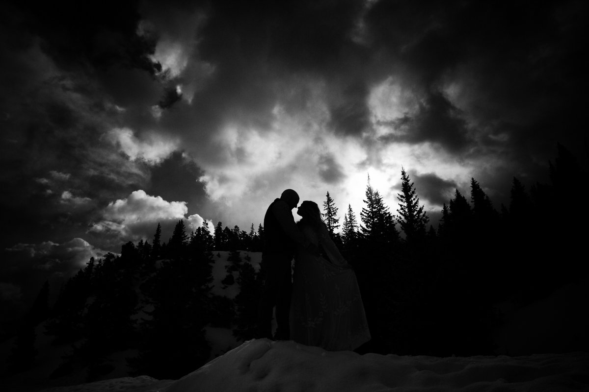 black and white image of a couple's silhouette with trees.