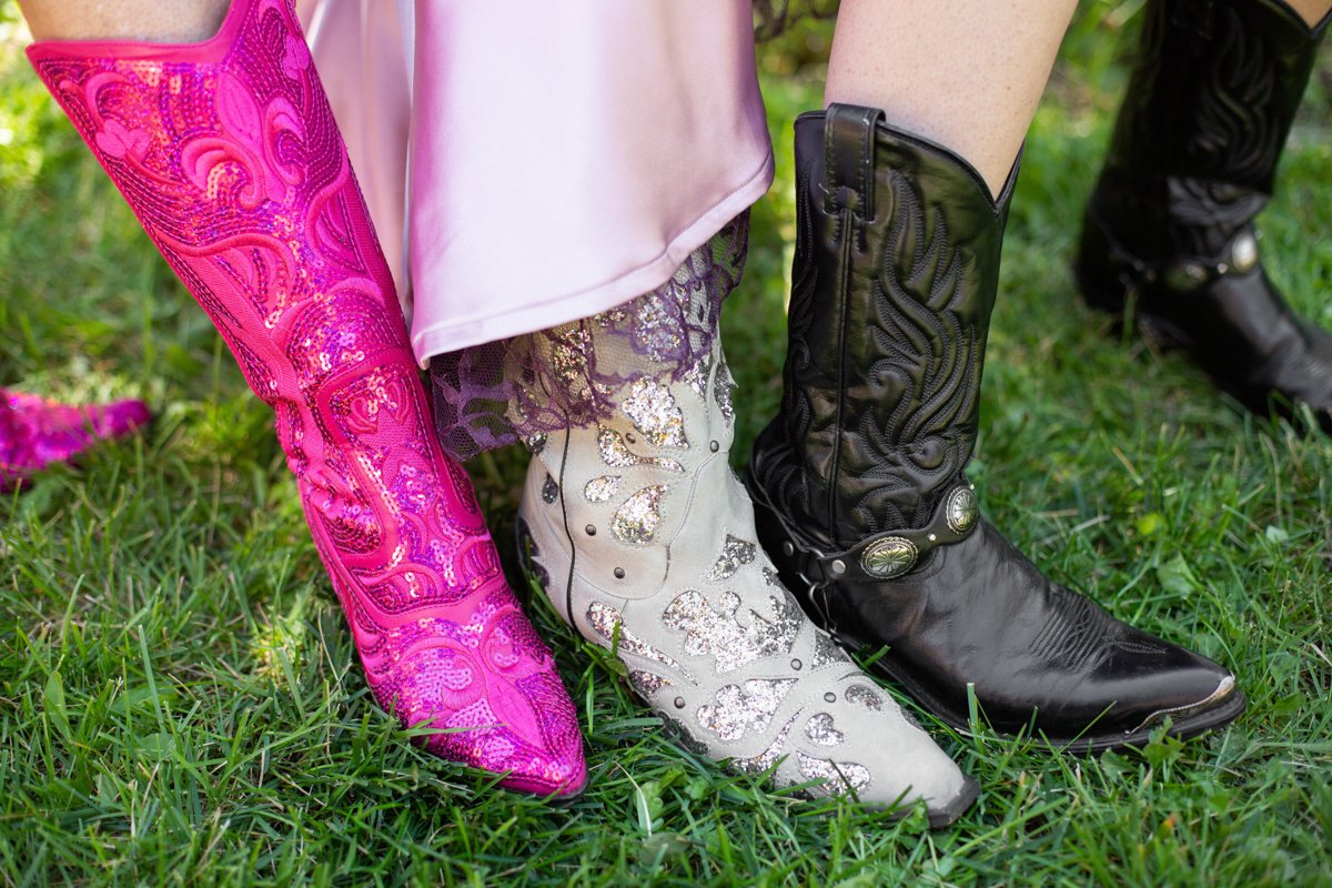 bride and guests with flashy cowboy boots