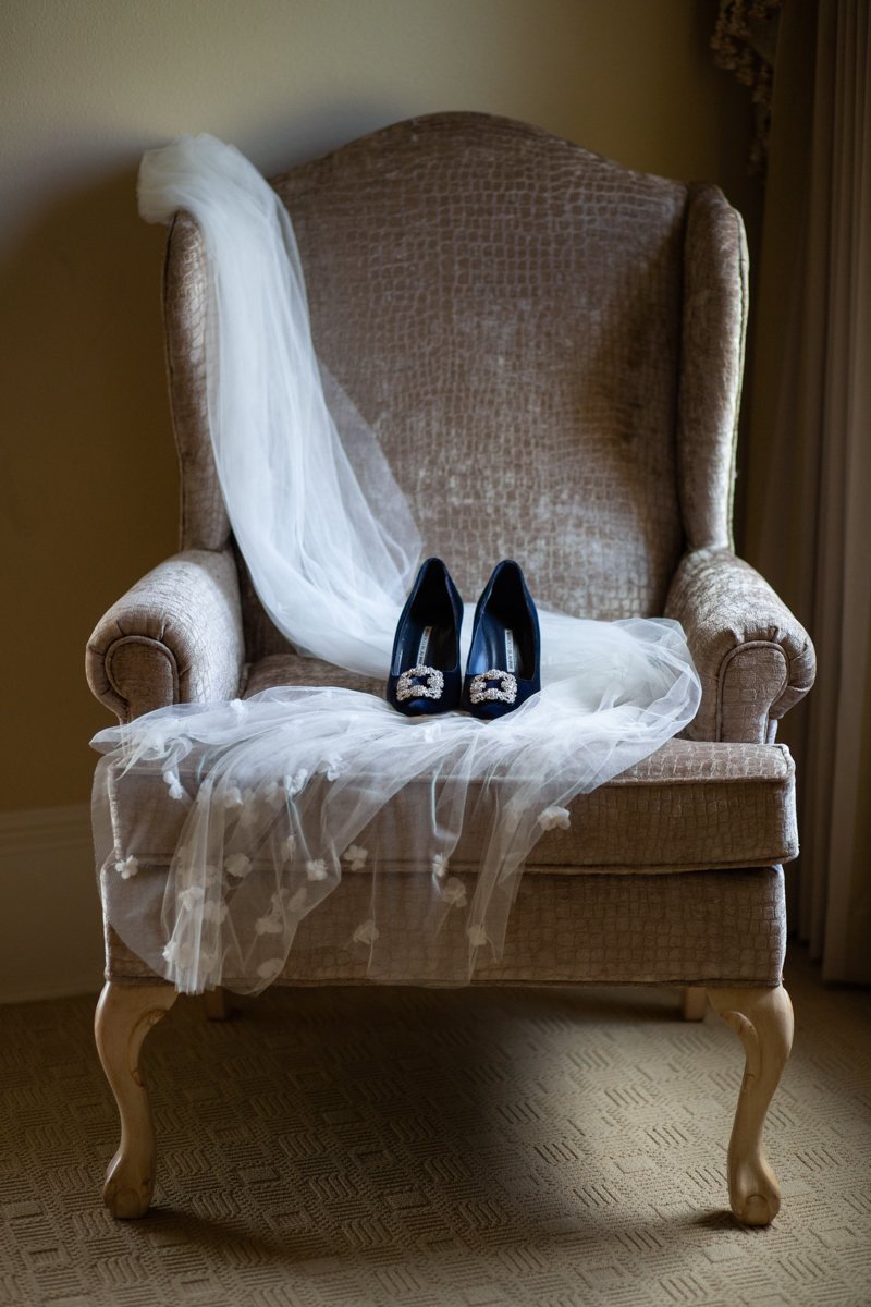 Veil and wedding shoes still life.