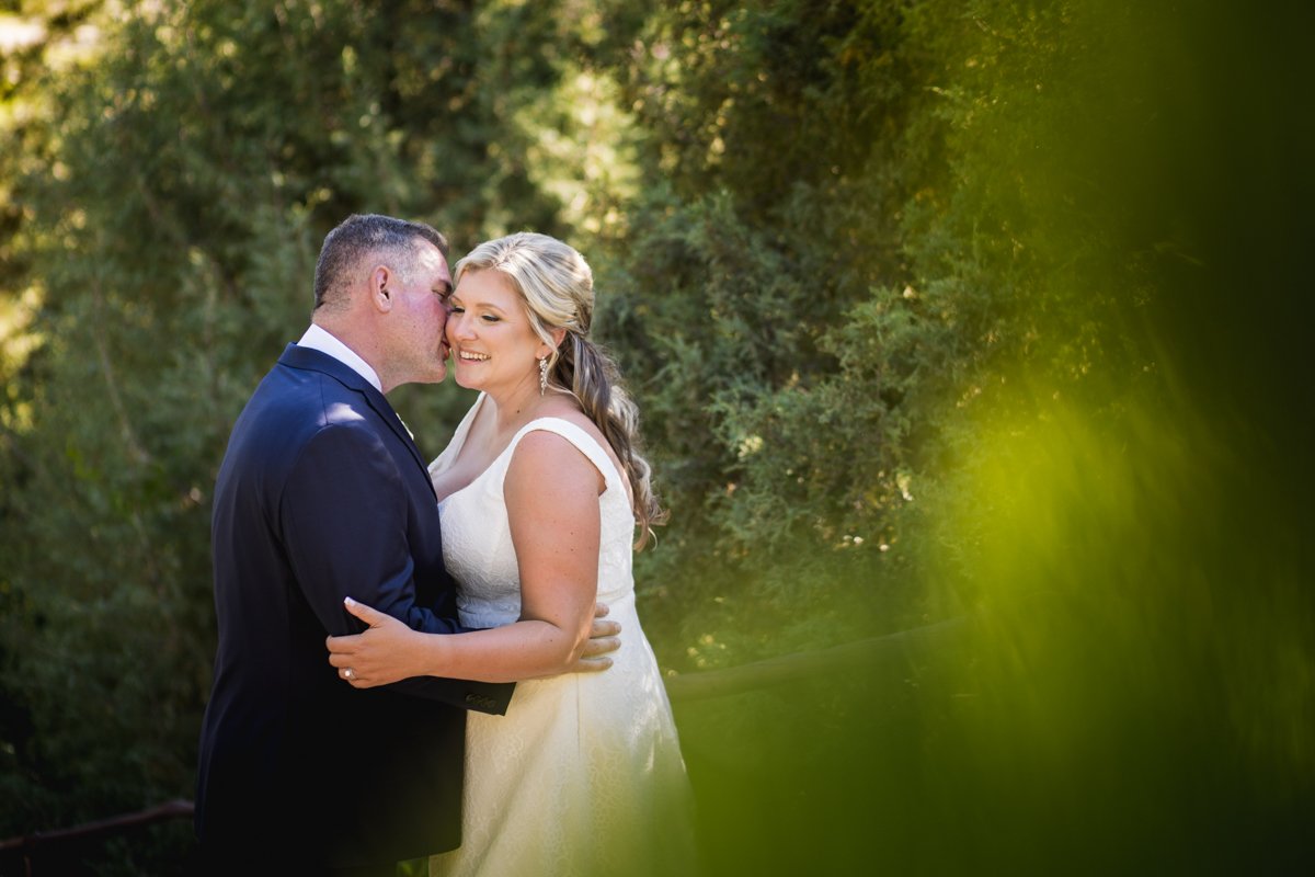 Photo of a groom kissing a bride on the cheek through leaves/foliage.