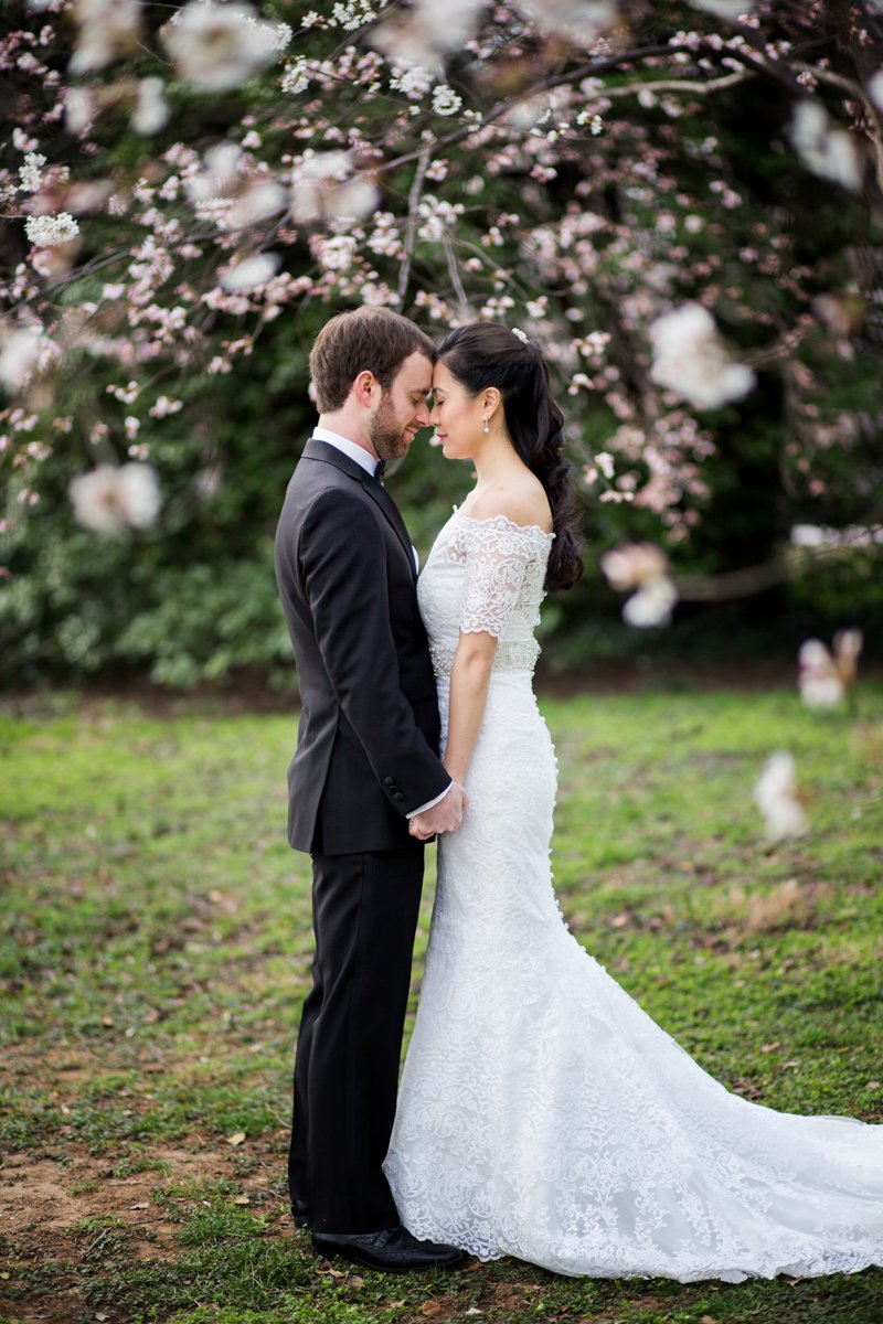 Couple stands hand in hand, forehead to forehead under pink blossoming trees.