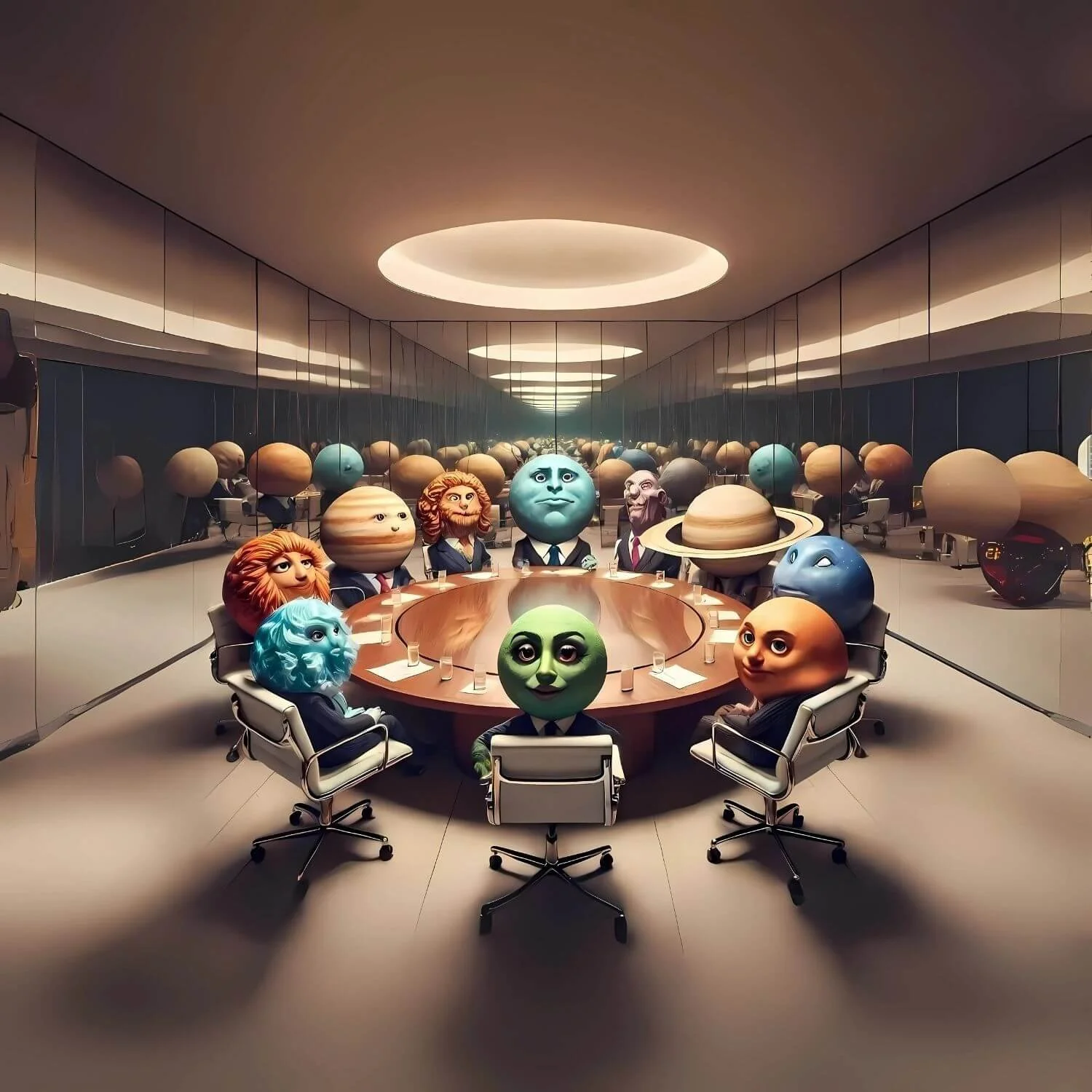 Planeten met gezichten in een vergaderkamer zittend rond een grote, ronde tafel, aangekleed in pakken.