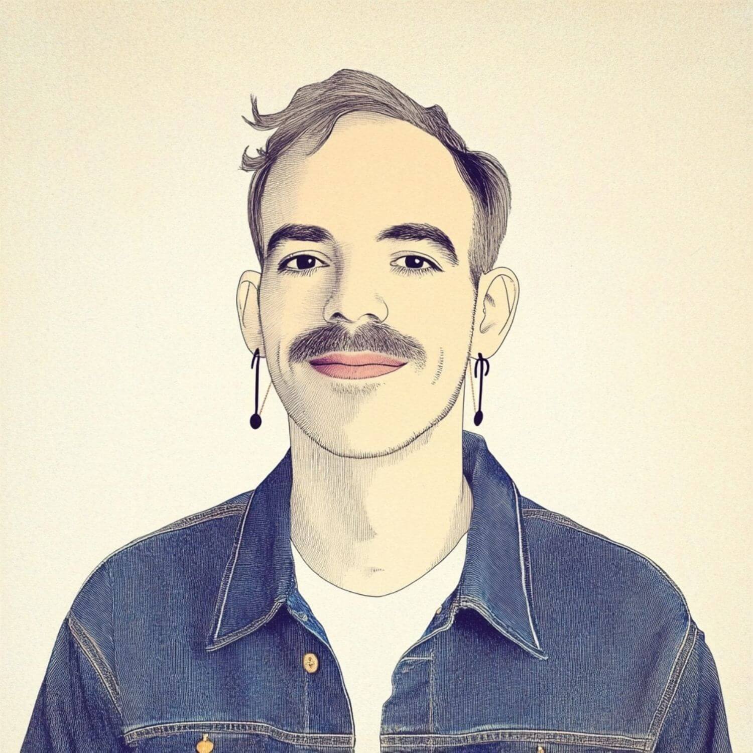 Illustratie van een Joh. Martinus, sterrengids met een snor, oorbellen en een spijkerjas.