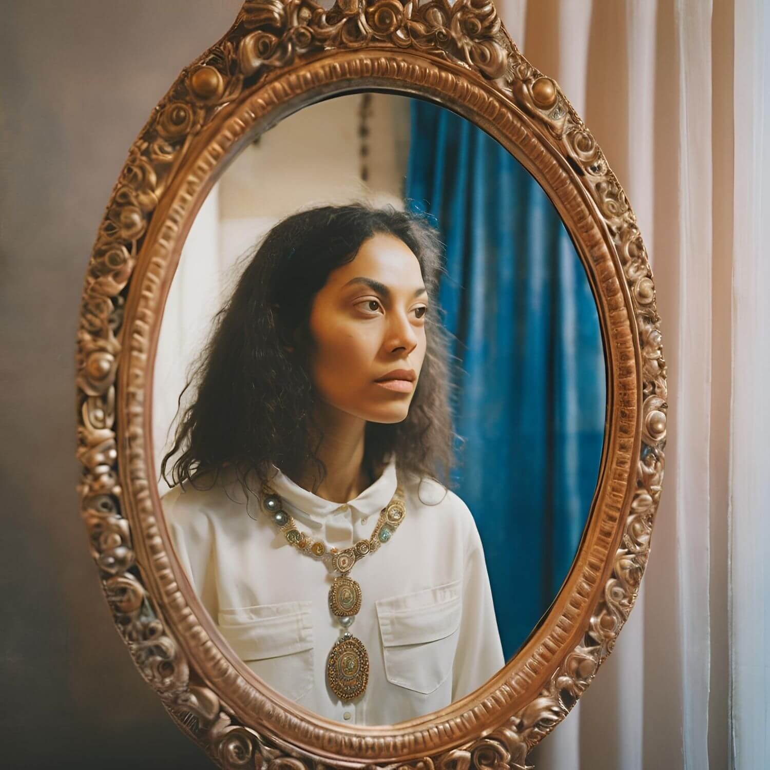Een vrouw wordt weerspiegeld in een antieke spiegel. Ze draagt een witte blouse en een opvallende ketting. De spiegel heeft een sierlijke gouden lijst. Op de achtergrond zijn gordijnen zichtbaar.