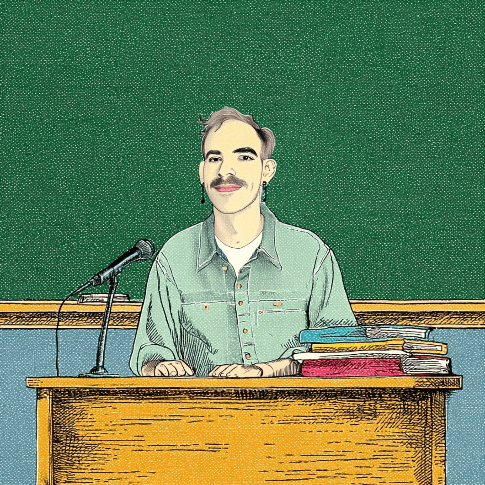 Illustratie van een persoon met een stropdas achter een lessenaar met boeken, voor een groene schoolbord, met een microfoon.