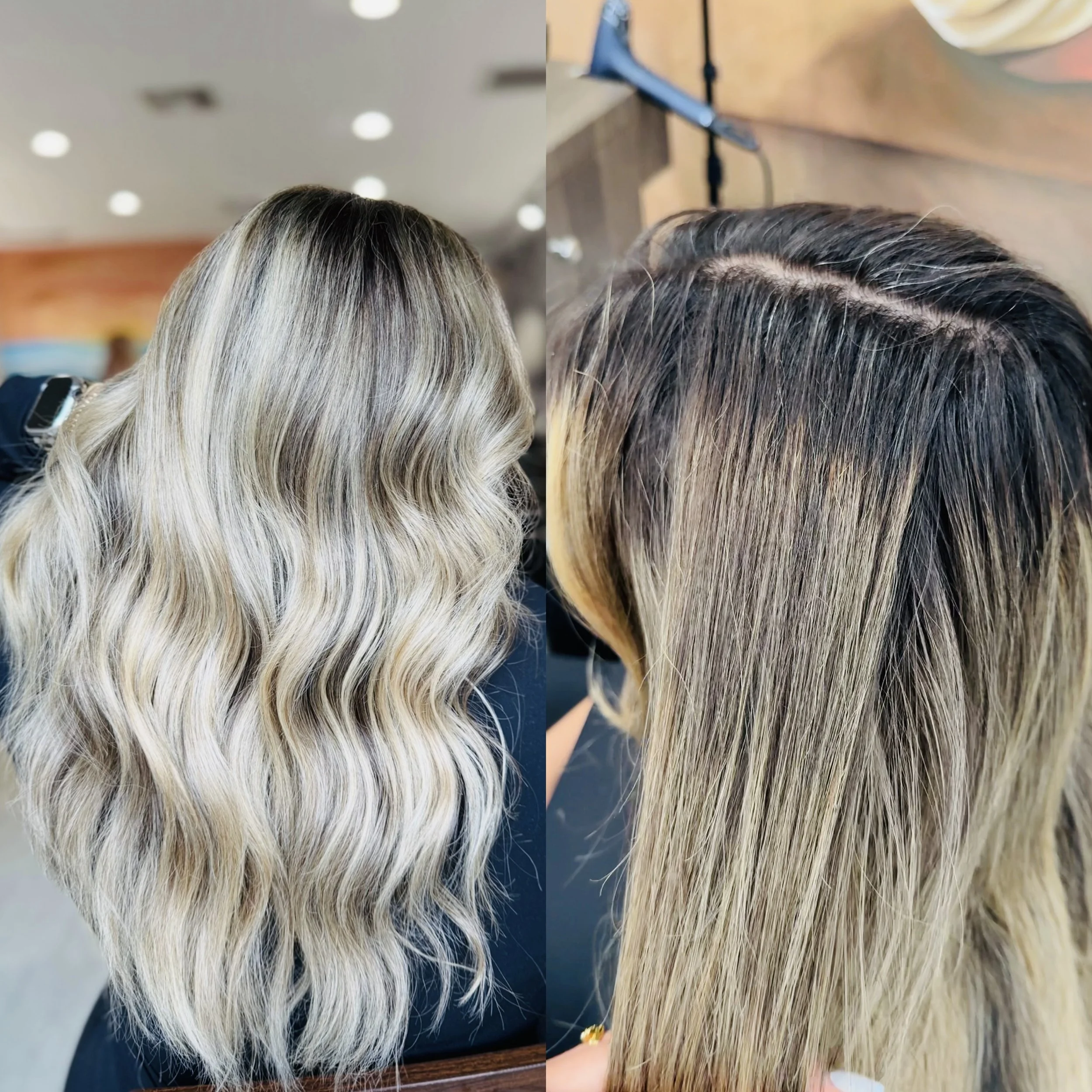 Side-by-side comparison of a woman's hair before and after a hair coloring treatment, showing blonde, wavy hair on the left and darker roots with blonde ends on the right.