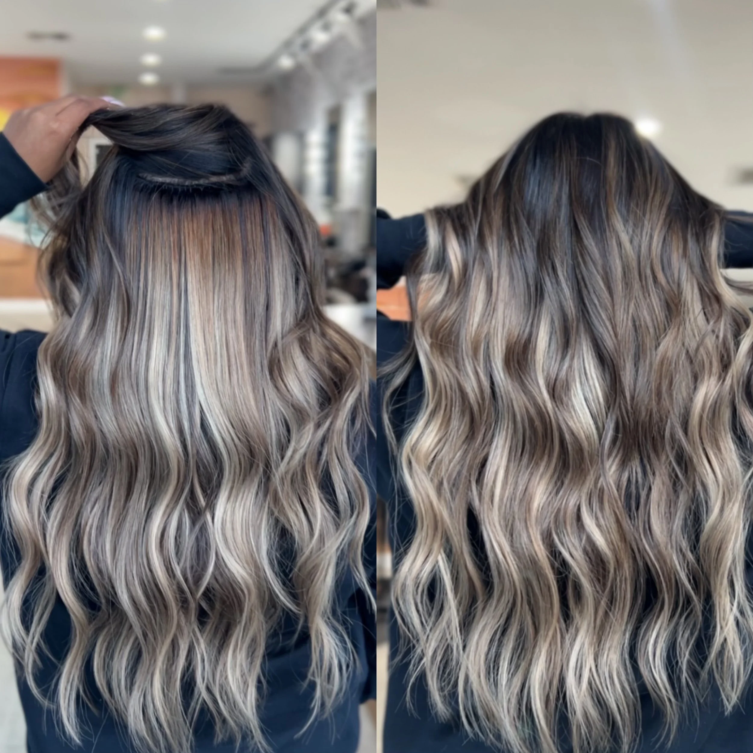 Back view of a woman with long, wavy hair before and after coloring, showing a transition from dark root to blonde balayage with highlights.