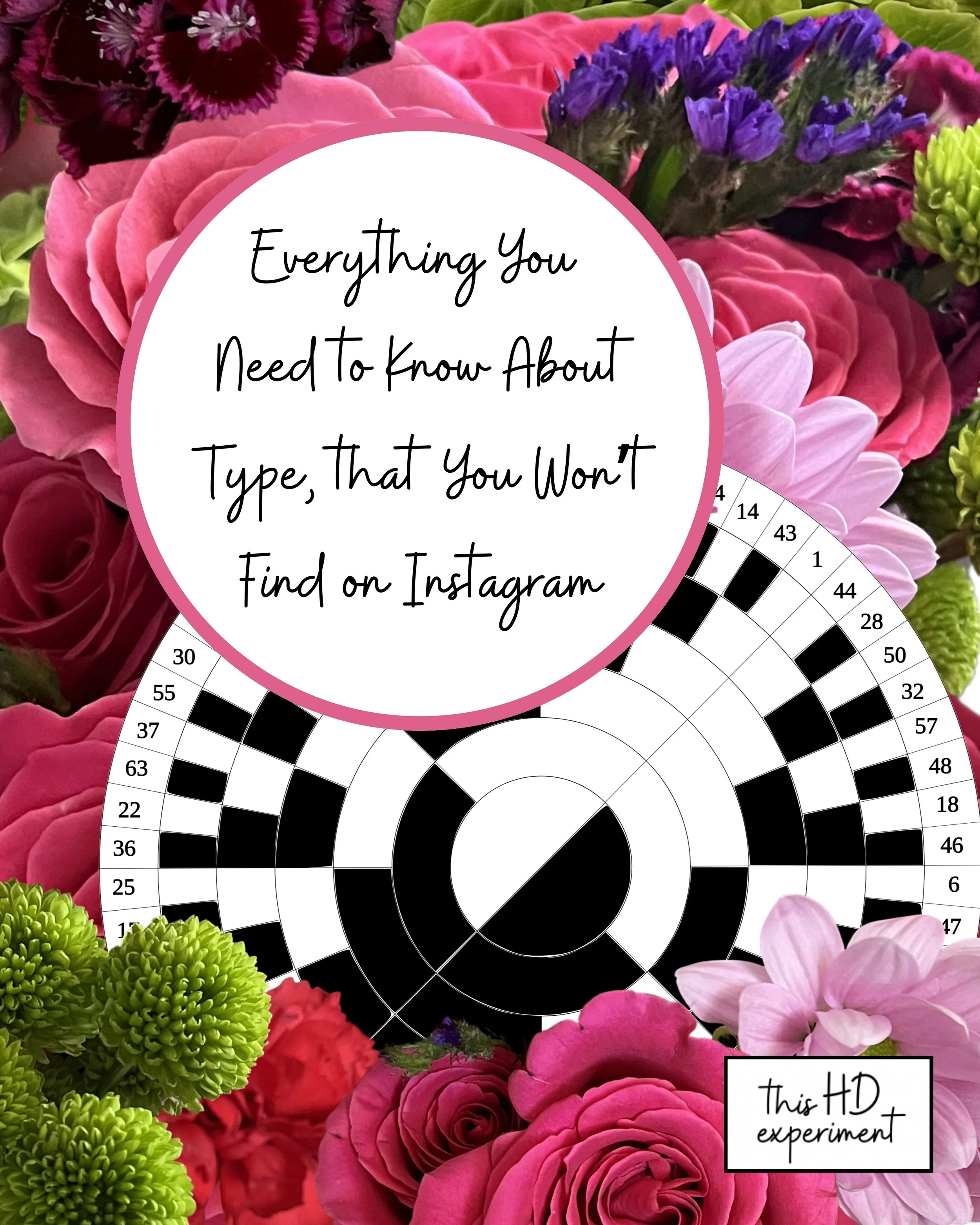 Everything You Need to Know About Type, that You Won't Find on Instagram. Background: Holographic Hexagram mandala surrounded by flowers and "This HD Experiment" logo.