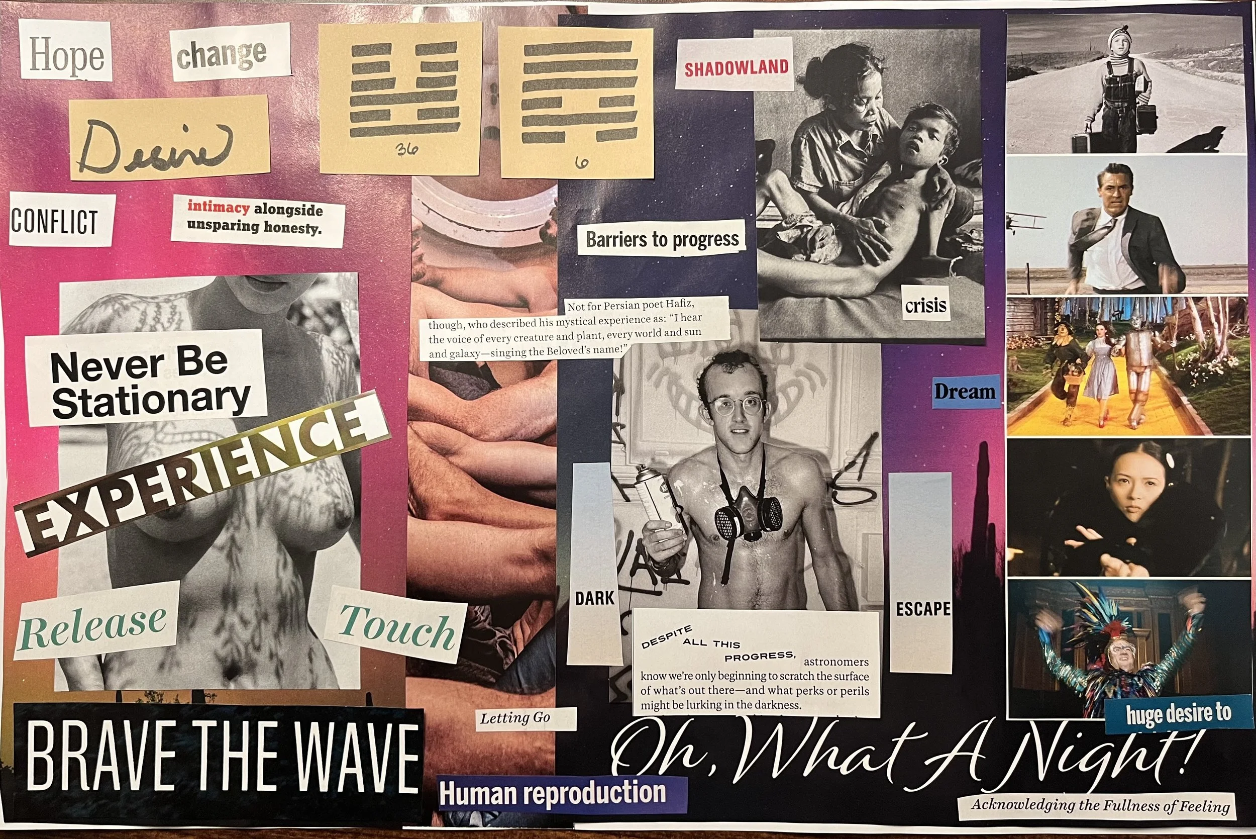 Nodal season collage for the 36/6 opposition. Hot pink desert scene in the background. In the foreground, images of sweaty bodies, running bodies, a suffering child and mother, men embracing, a graffiti artist holding a spray can. Desire. Hope.