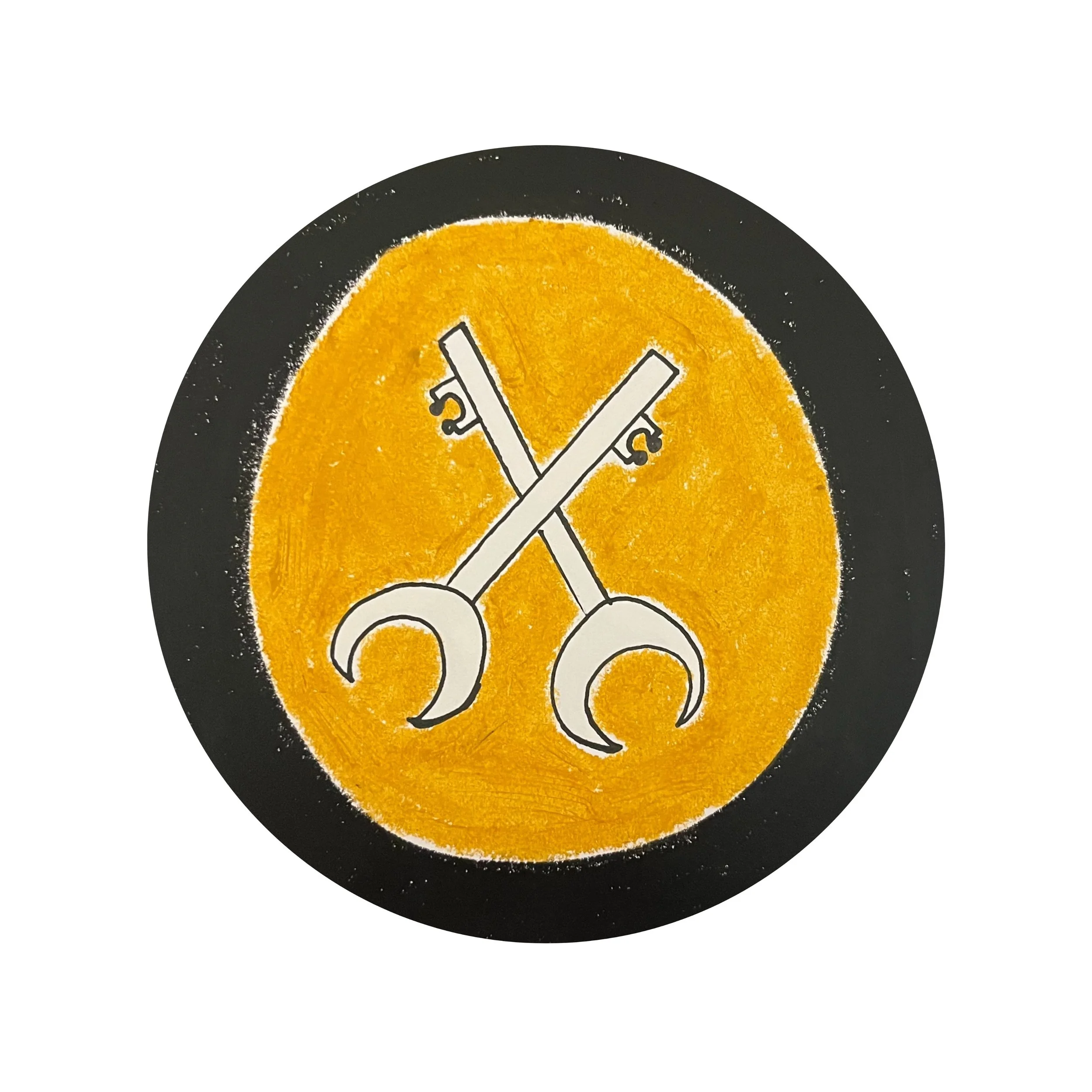 Two white keys with moon faces and lunar-node shaped teeth on a golden circle that's on a black circle