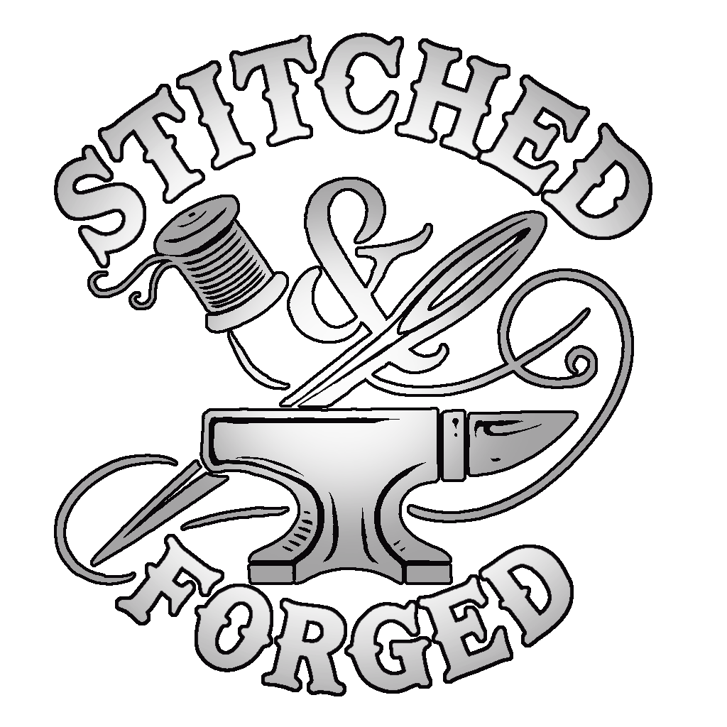 Logo with 'Stitched & Forged' text, showing a spool of thread, needle, and anvil.