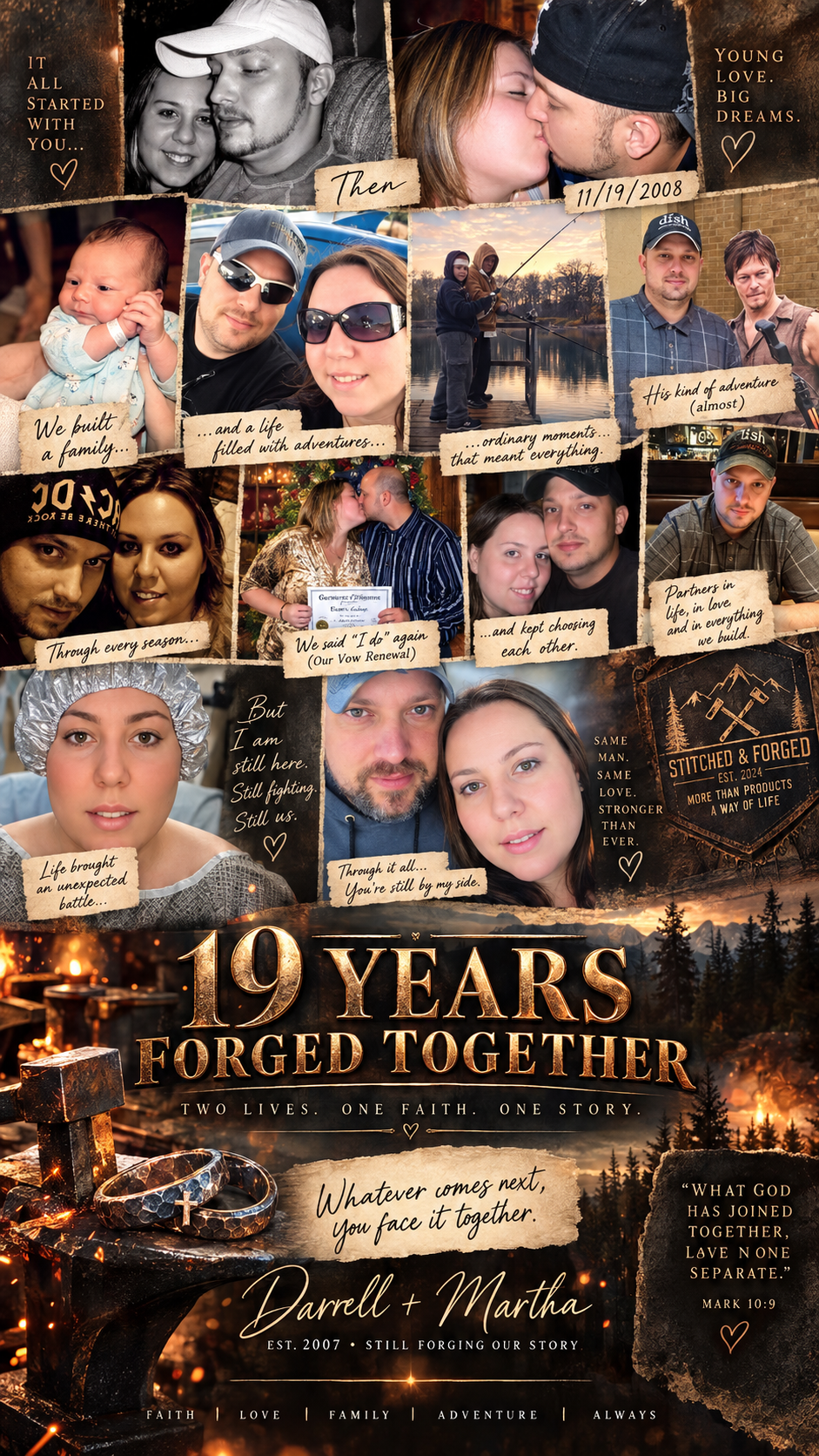 A collage of multiple photos capturing romantic moments, family milestones, and adventures over 19 years of a couple's relationship, with decorative text and a mountain landscape background.