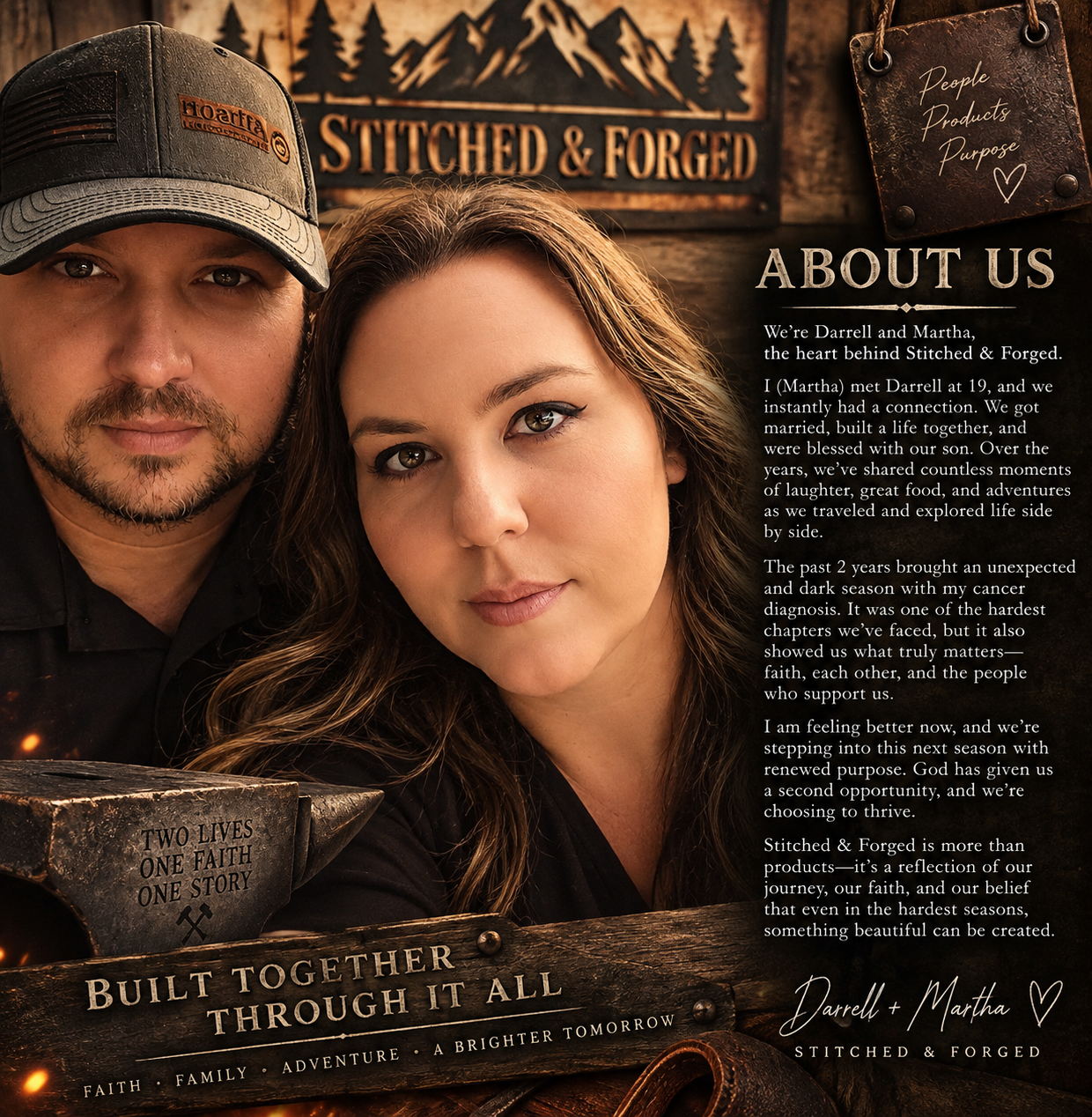 A man and woman posing side by side in front of a rustic wooden background with signs that read "Stitched & Forged," "People Products Purpose," and other text about their story. The man is wearing a cap, and both are looking at the camera. The image promotes their business and personal story.