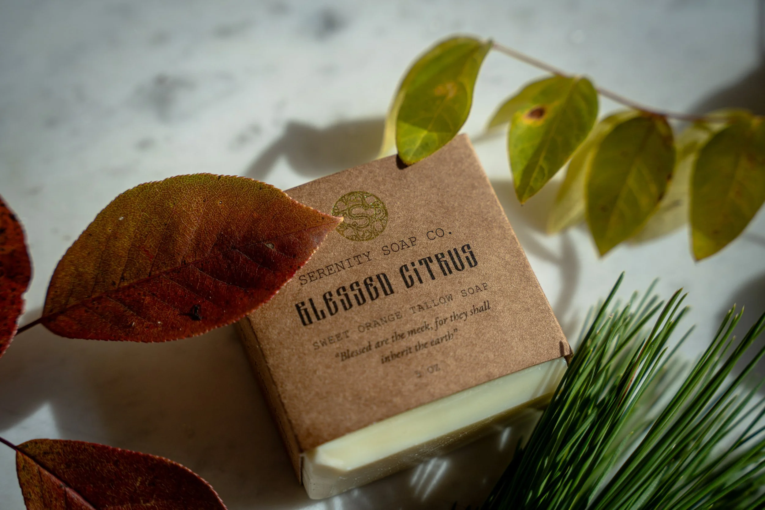 A bar of soap labeled 'Blessed Citrus' from Serenity Soap Co., surrounded by autumn leaves and greenery.