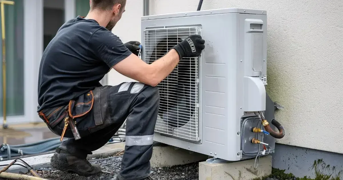 En man reparerar en utomhusenhet, troligen en luftkonditioneringsenhet, utanför ett hus.