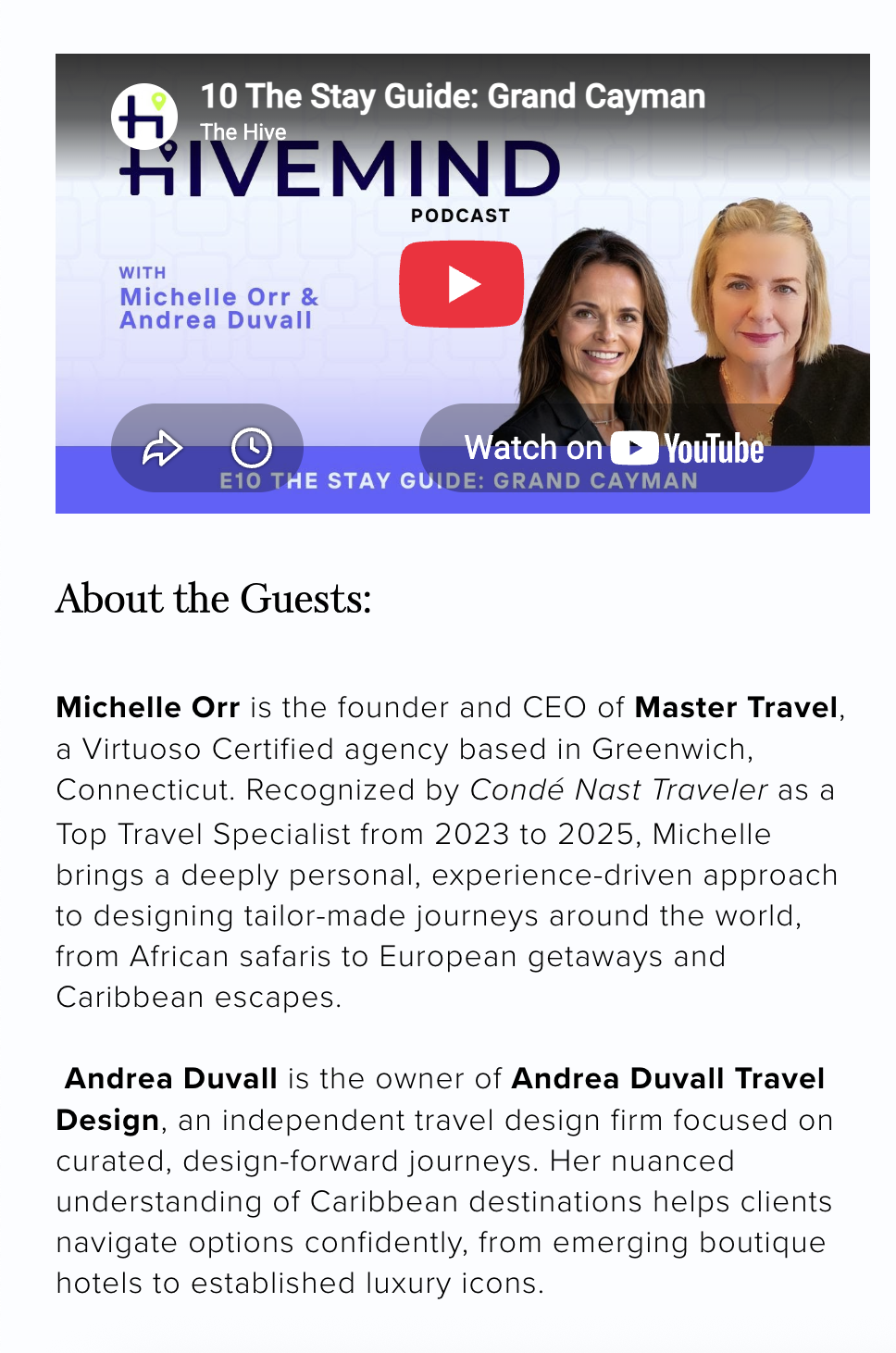 Text about Andrea Duvall and her travel design firm, focused on curated journeys and Caribbean destinations.
